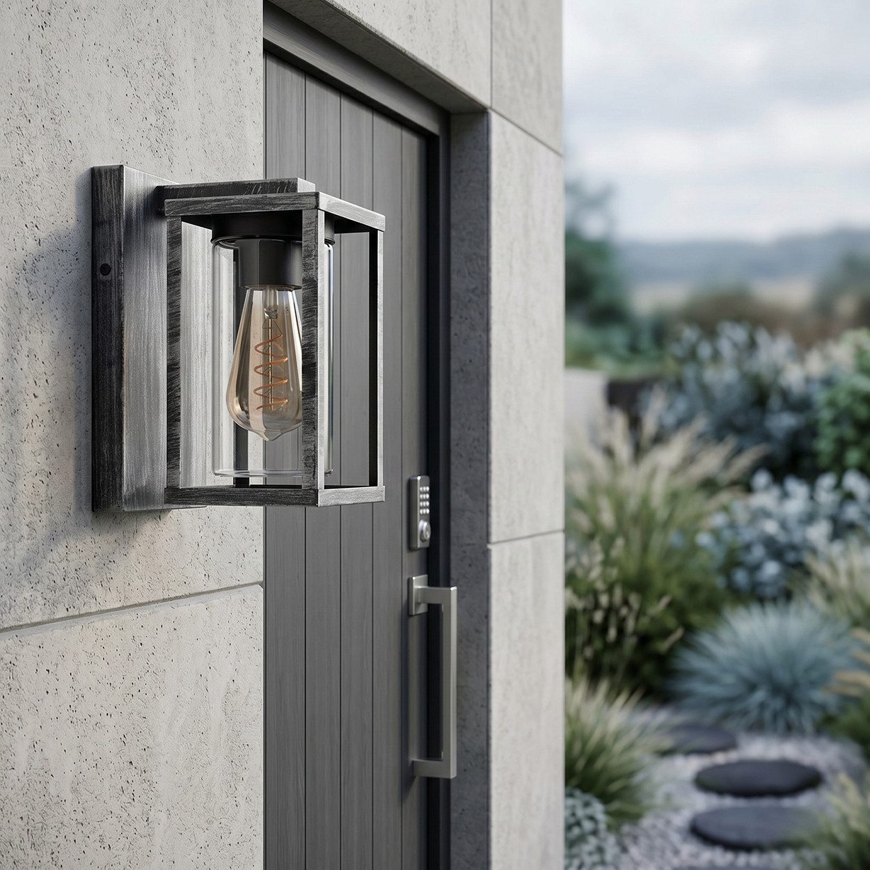 hofstein Außen-Wandleuchte Wandlampe im modernen Look, Metall/Glas in Schwarz-Silberfarben/Klar, ohne Leuchtmittel, Wandleuchte im Industrial-Design, Garten, 1 x E27, ohne Leuchtmittel