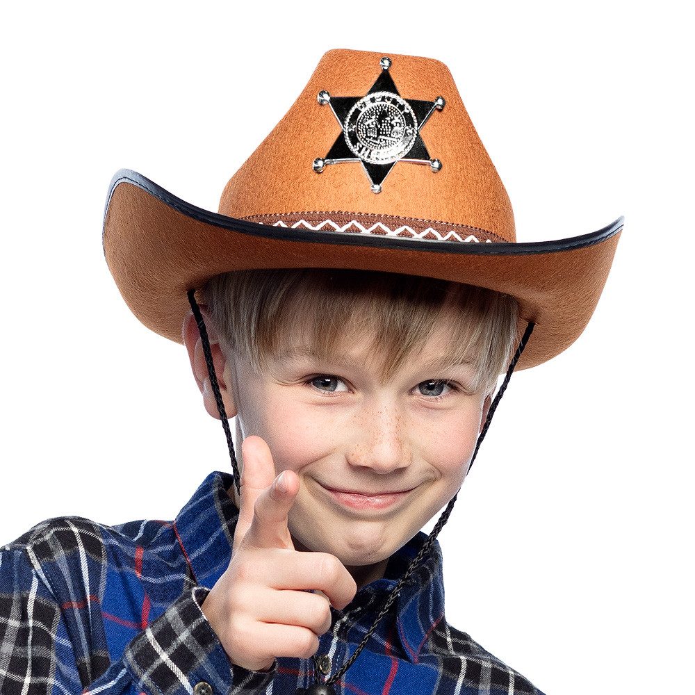 Boland Cowboyhut Cowboyhut Sheriff braun 55 cm für Kinder Westernhut mit Stern Kordel für Karneval, Fasching, Festival, Sommer und Kinderparty