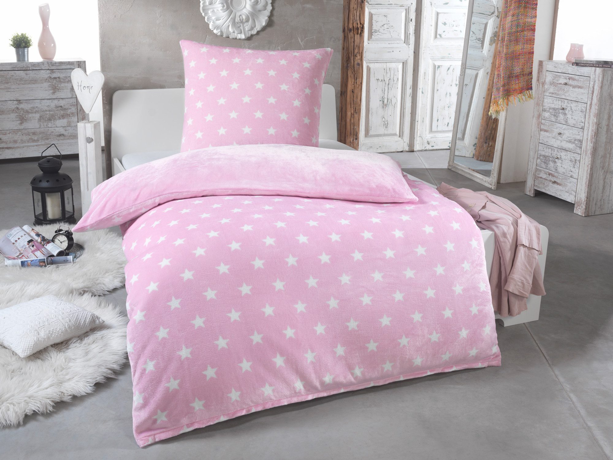 Malika Wendebettwäsche aus 100% Mikrofaser, 135x200 + 80x80 cm Cashmere Touch, Rosa, Sterne, Cashmere Touch, 2 teilig, Für Allergiker geeignet, pflegeleicht, angenehm weicher Stoff