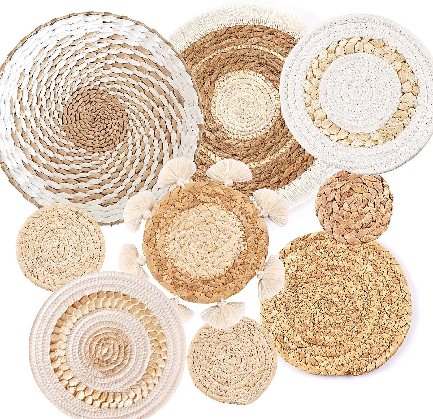 Wiladu Wanddekoobjekt 9 Stück Boho Wanddeko Wandkorb Wandkunst Rattan Seegras