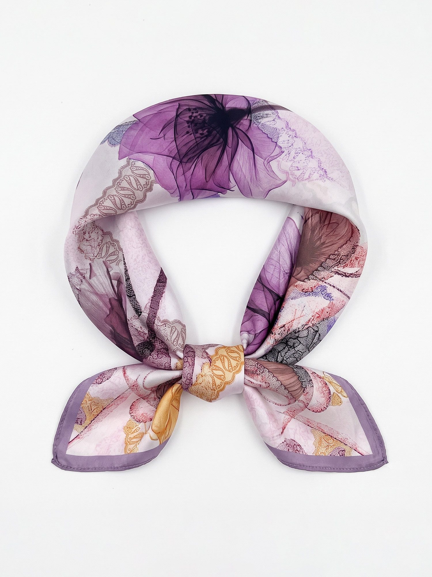 Vivi Idee Seidentuch 100% Maulbeerseide Halstuch Damen Violette Blütenpoesie, Quadratisches 53x53 cm Halstuch, bedrucktes Seidenschal