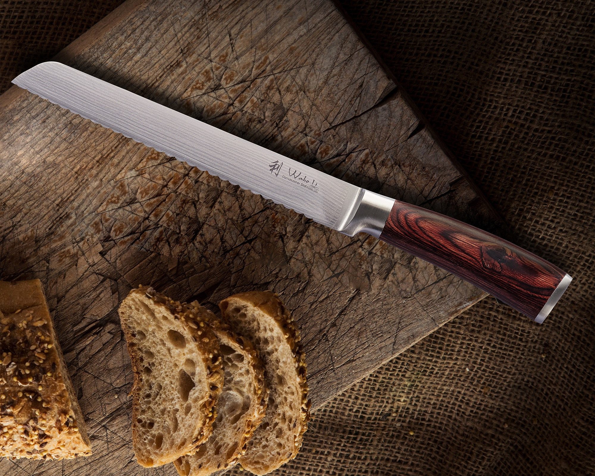 Wakoli Damastmesser EDIB Brotmesser Kochmesser 20cm Wellenschliffklinge Pakkaholzgriff, Küchenmesser aus 67 Lagen Damaststahl mit VG10 Kern inkl. Geschenkbox – Bild 5 von 5