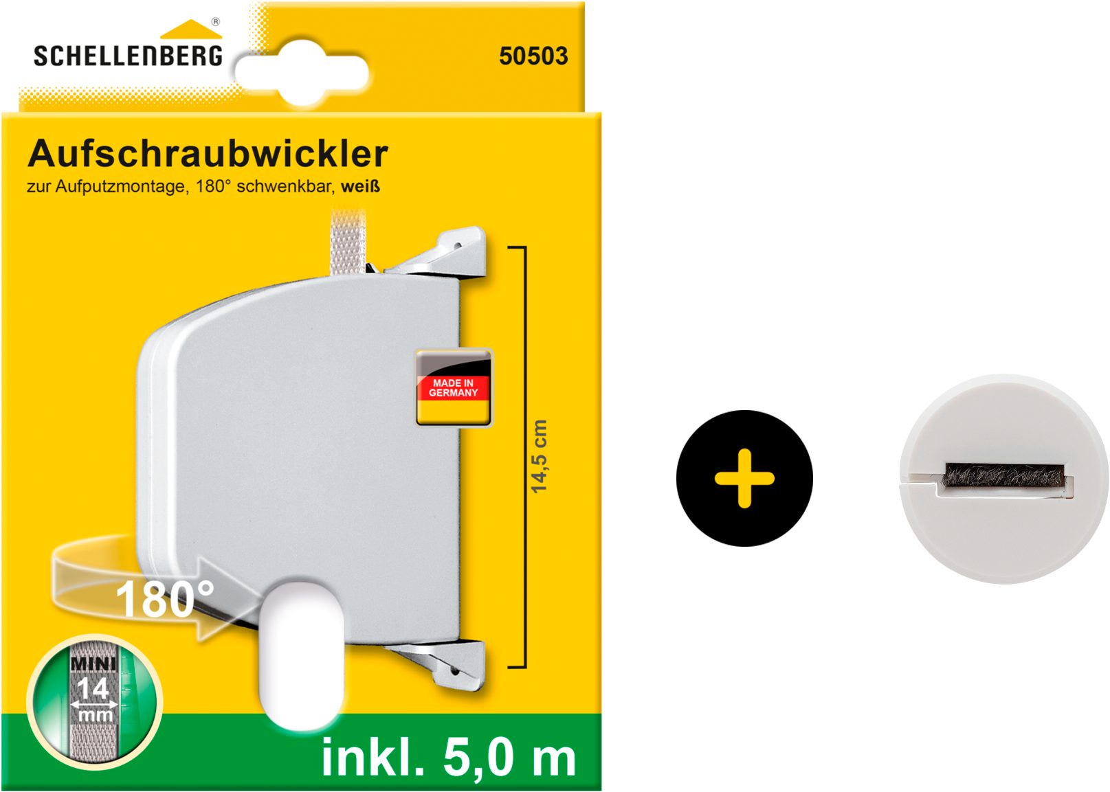 SCHELLENBERG Aufputz-Gurtwickler Aufschraubwickler für das Rollladensystem Mini, inkl. Gurtführung, Set, 1-tlg., 180° schwenkbar, mit vormontiertem Rollladengurtband, braun oder weiß