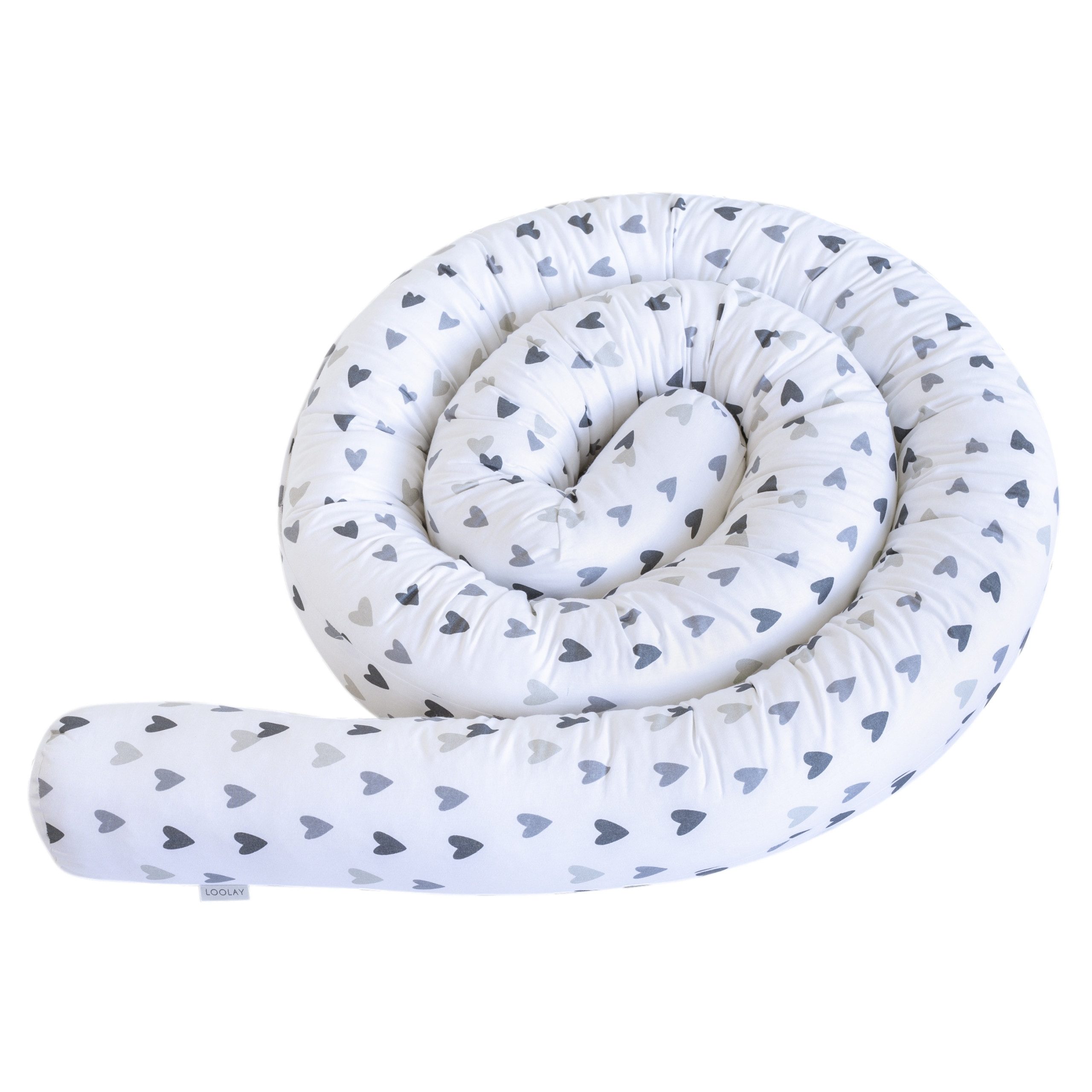 Loolay Nestchenschlange Herzchen GRAU Baumwolle Multifunktion Bettschlange Stoffschlange, (Bettumrandung Krabbeldecke Babybett Umrandung Schlange Bett Kopfschutz, Zierkissen Bettrolle Dekokissen Zugluftstopper - Super GESCHENK), LOOLAY® - 100% Europäische Stoffe und Kleinserien-Nähen!