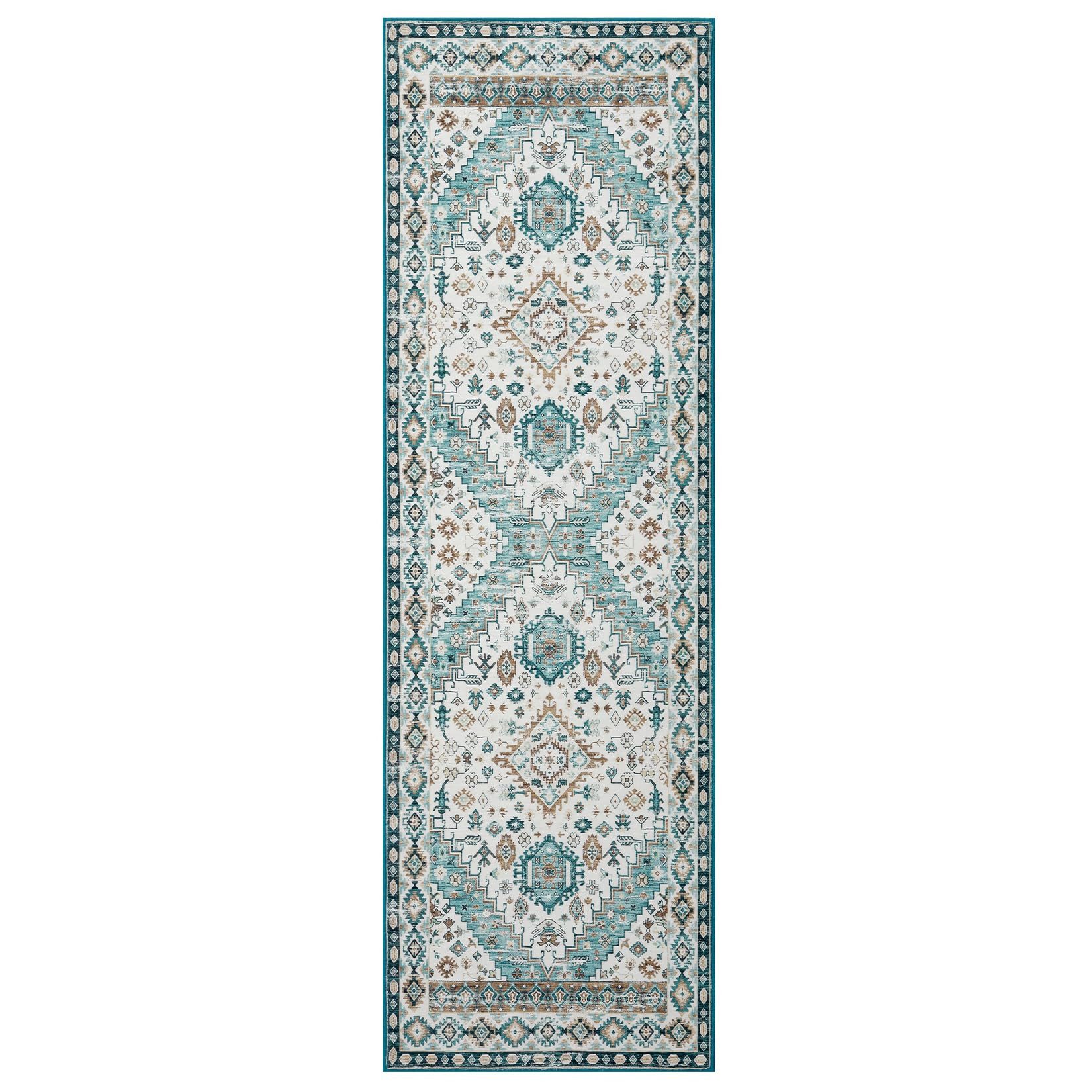 GarveeMore Teppich Waschbarer Vintage Orientteppich Designteppich Läufer Teppich, Rechteckig, Niedriger Flor, Antirutsch, für Flur, Wohnzimmer, Küche