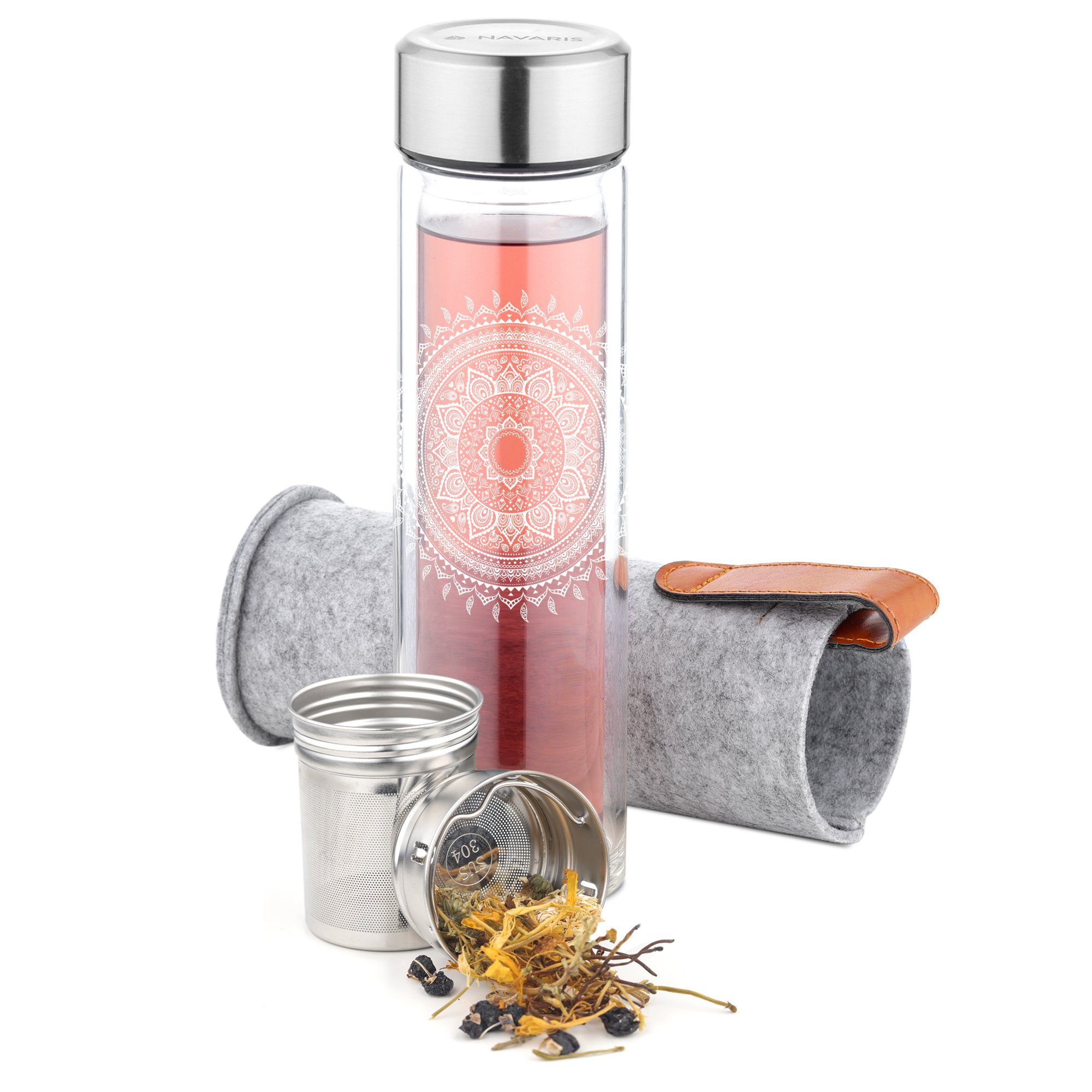 Navaris Wasserspender Teeflasche Glas m. Edelstahl Sieb - 500ml Tee to go - günstig online kaufen