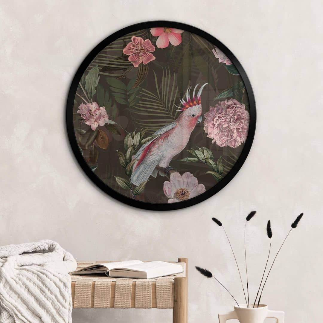 K&L Wall Art Poster Wandbild Poster Rund Vintage UN Designs Dschungel Blumen Kakadu, Wohnzimmer Kunstdruck klassisch