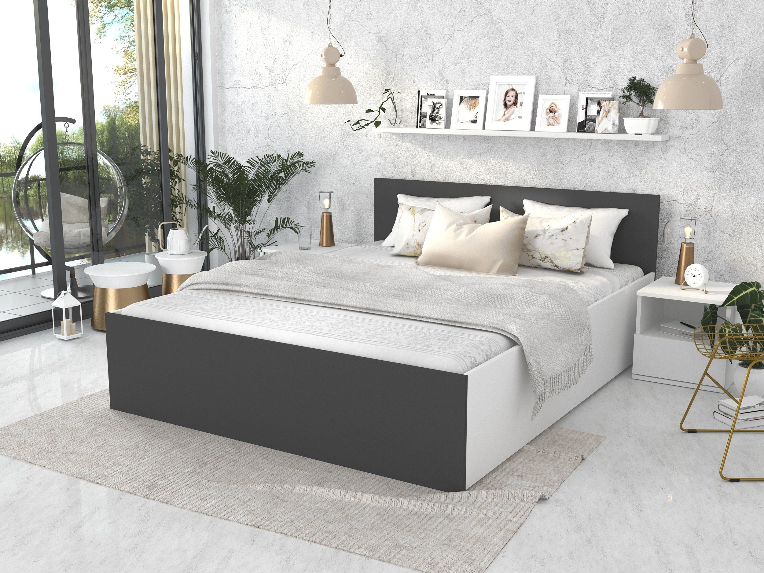 pressiode Bettgestell Bett mit Lattenrost - Jugendbett - Doppelbett mit/ohne Matratze Grau-Weiß
