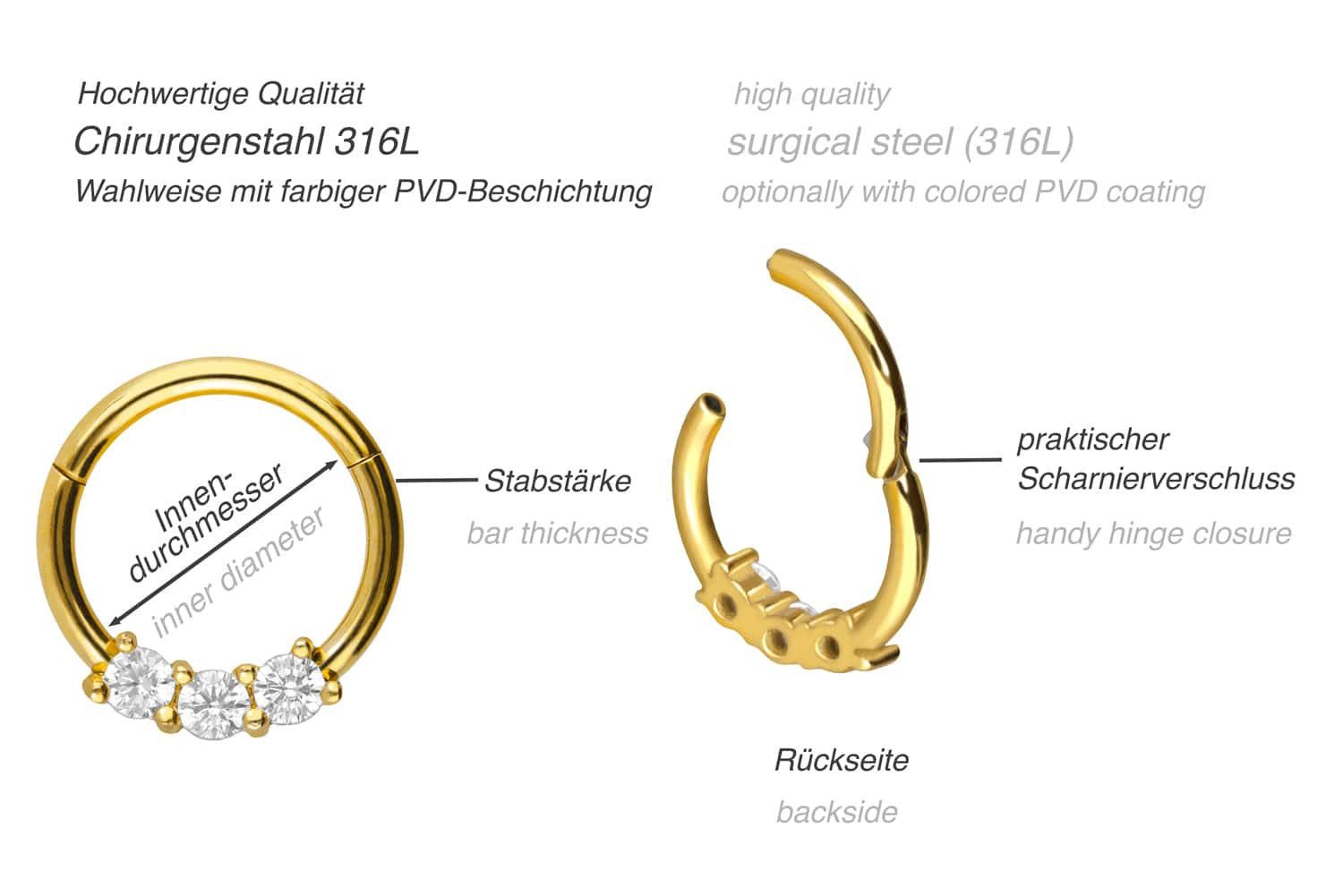 PIERCINGLINE Nasenpiercing Chirurgenstahl Segmentring Clicker 3 KRISTALLE Ohrpiercing Septum Nase (Clicker, 1-tlg), Ohrpiercing für Conch, Helix, Tragus, Daith, Lobe