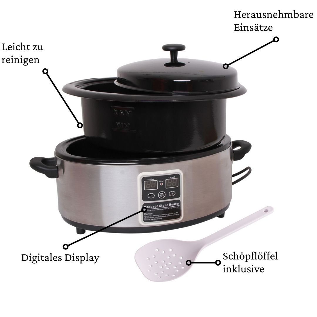 PROMAFIT Schmerztherapiegerät Hot Stone Erwärmer Hot Stone Heater Massage 5,5 Liter (Basic), Set 1-tlg., Hot Stone Heater 5,5 Liter inkl. Schöpfkelle, Abschaltautomatik, digitale Temperaturanzeige