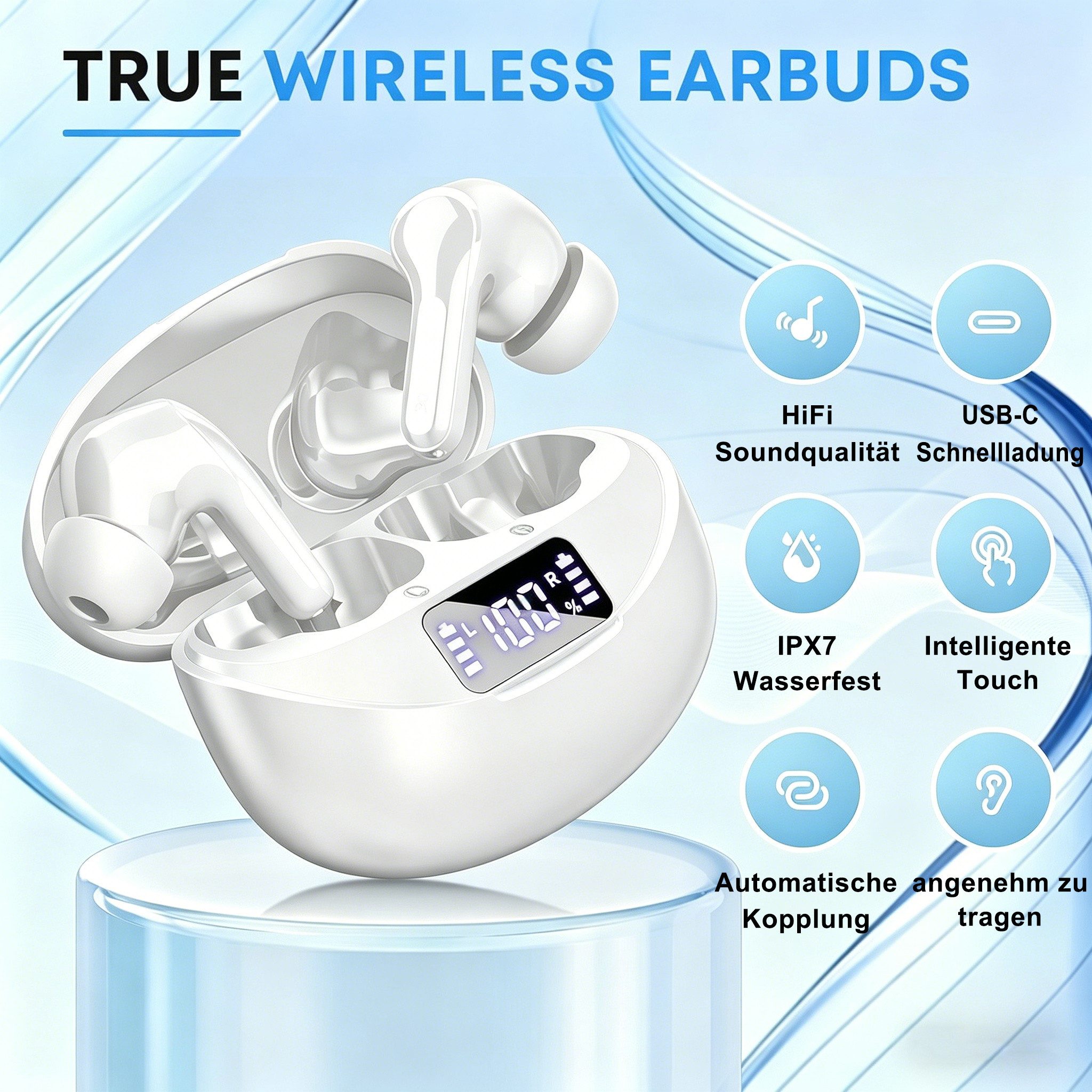 ibettertec 2026 Neue In Ear Kopfhörer, In Ear Ohrhörer, Kopfhörer kabellos Open-Ear-Kopfhörer (Noise Cancelling 50 Std Spielzeit In Ear Kopfhörer mit 6 ENC Noise Cancelling Mics, IP7 Wasserdicht Ohrhörer, Kabellose Kopfhörer mit LED-Anzeige, HiFi Stereo)