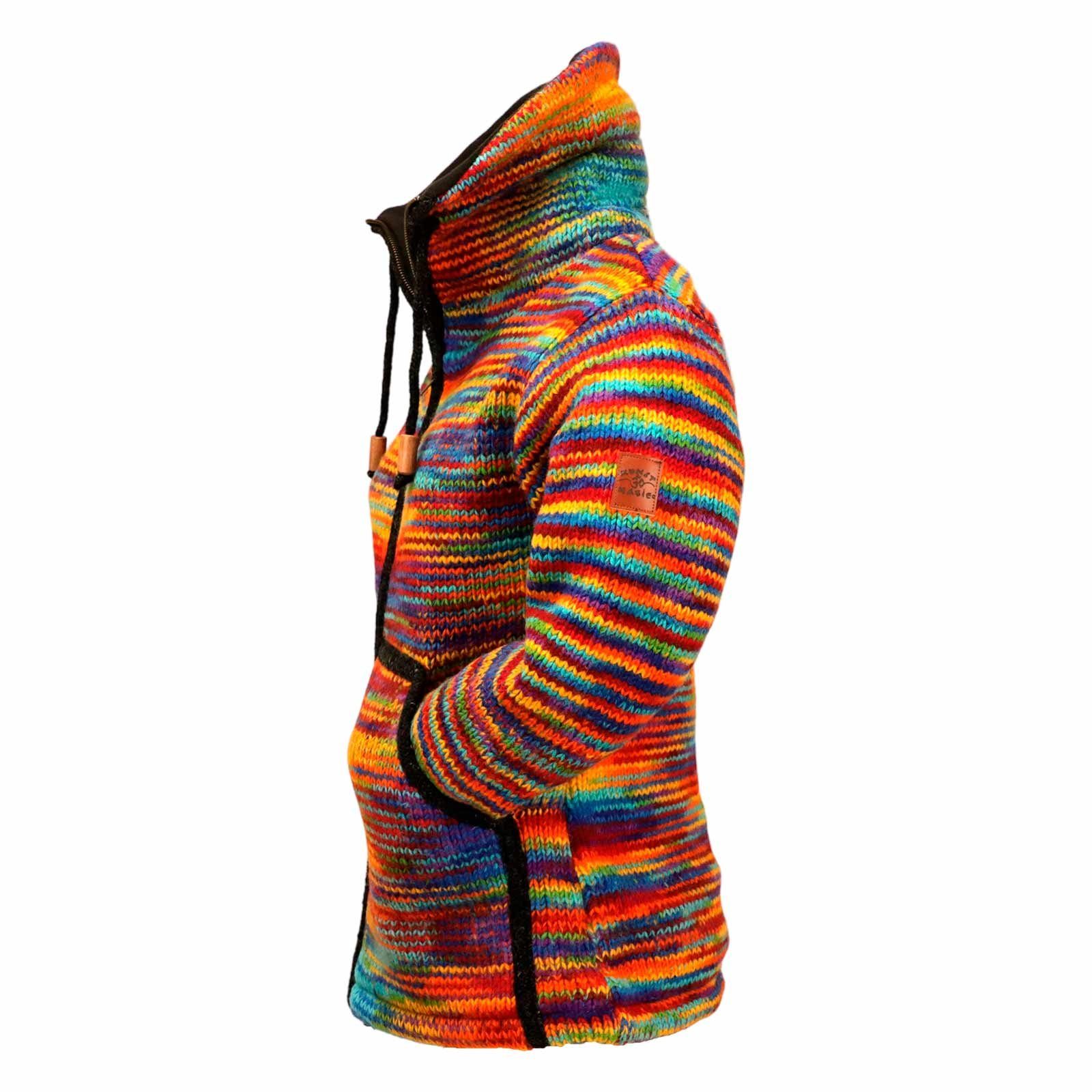 Strickjacke Strickjacke Wolle Bunte Regenbogen Fleecefutter Hochkragen Boho