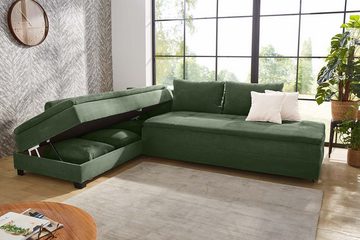 luma-home Ecksofa 15164, Dauerschläfer 307x223 cm, Schwenkteil L/R, Bettkasten, Nachtkonsole, Boxspring, Federkern, Wellenunterfederung, Topper, Bezug Cord Grün