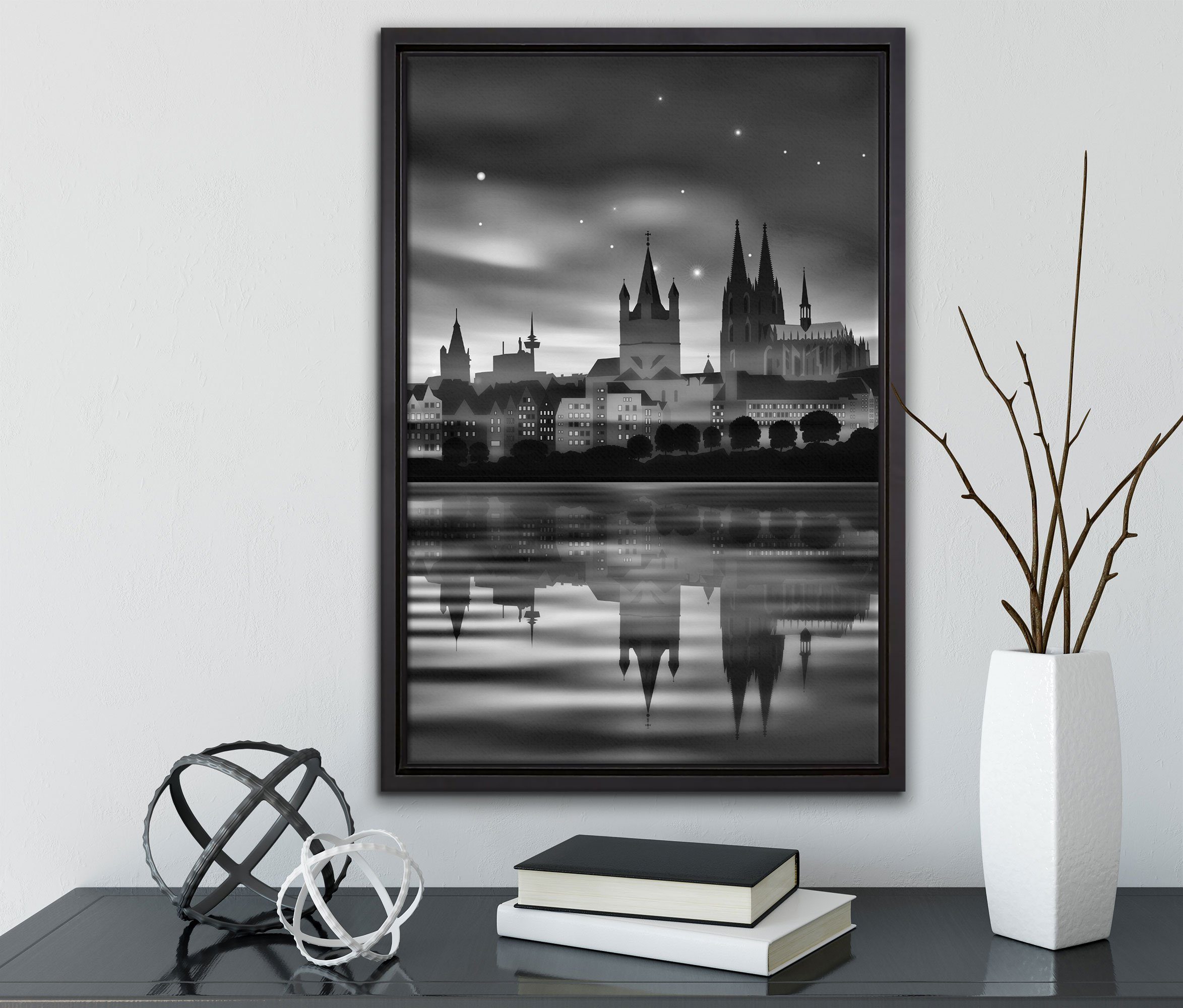 Pixxprint Leinwandbild Polarlichter Schattenfugen-Bilderrahmen einem Köln, Leinwandbild inkl. (1 in Zackenaufhänger St), Skyline gefasst, bespannt, fertig Wanddekoration