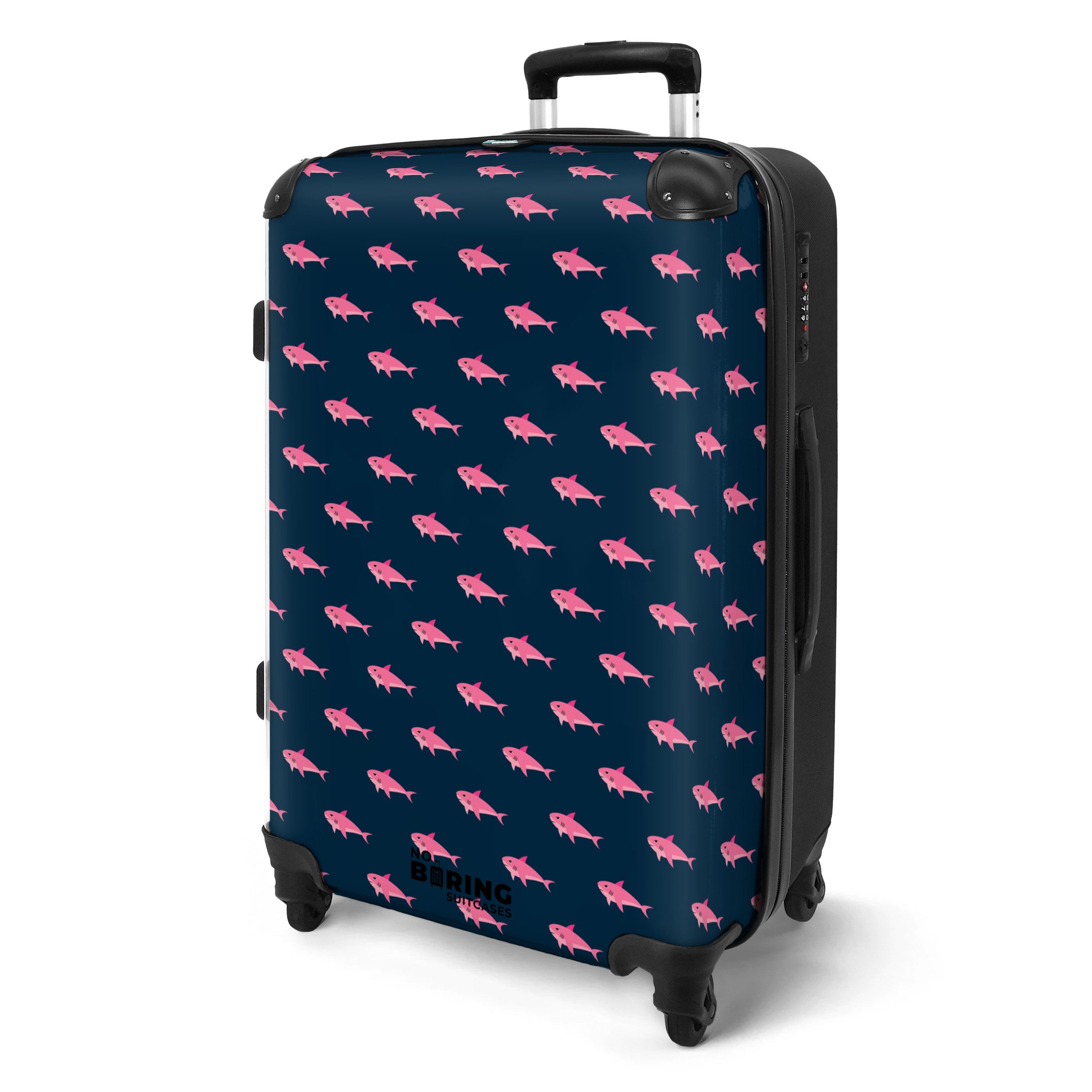 NoBoringSuitcases.com© Hartschalen-Trolley Blau mit rosa Hai-Aufdruck günstig online kaufen