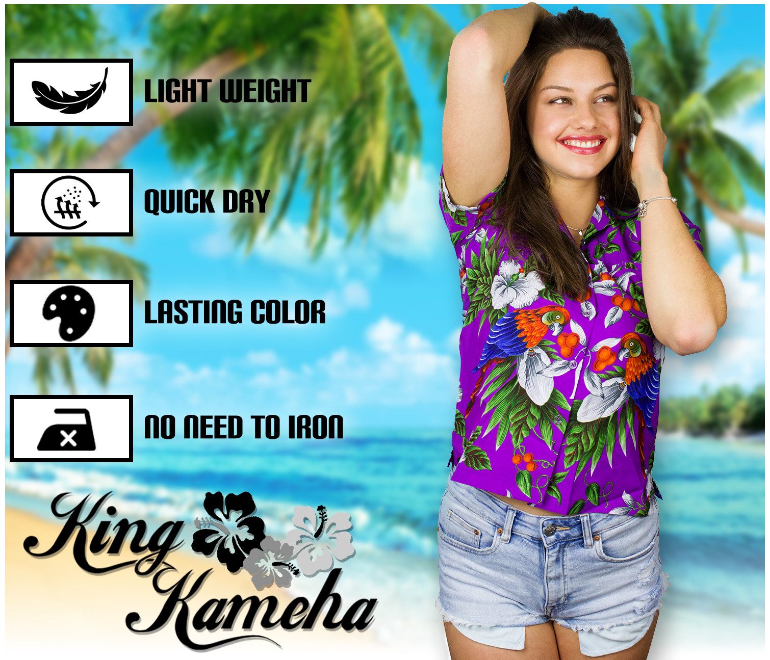 King Kameha Hawaiihemd Cherryparrot Funky Hawaiibluse Damen Kurzarm Front-Tasche Stylish