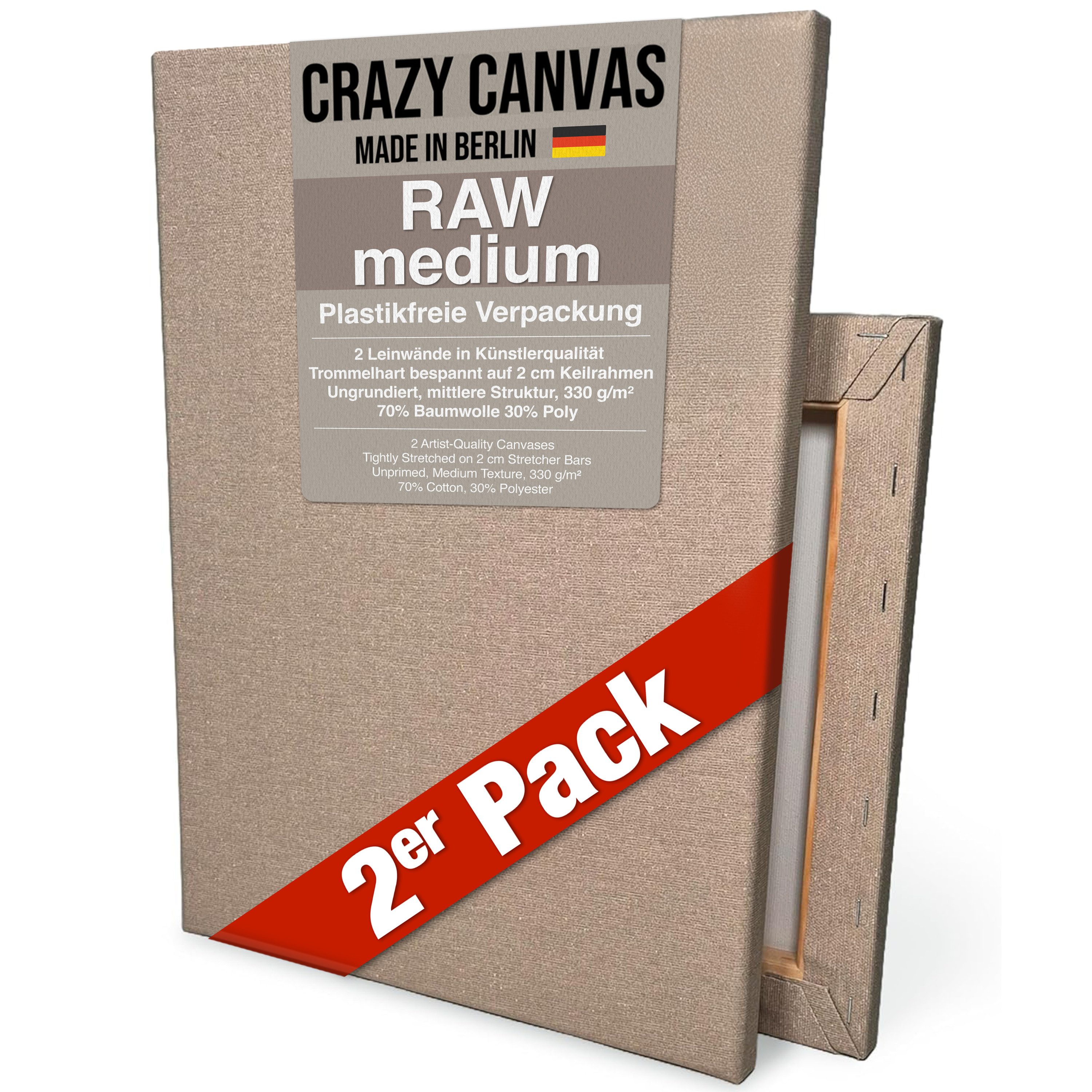 Crazy Canvas Leinwand RAW Medium 30x30 cm, 2er Pack, mittlere Struktur, versandfrei, ungrundiert, 330 g/m², mittlere Struktur, Leinenoptik, Made in Berlin