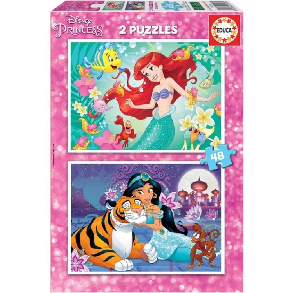 Educa Puzzle, Arielle die Meerjungfrau und Jasmin, 2x48 Teile Puzzle ab 4 Jahren, Puzzleteile