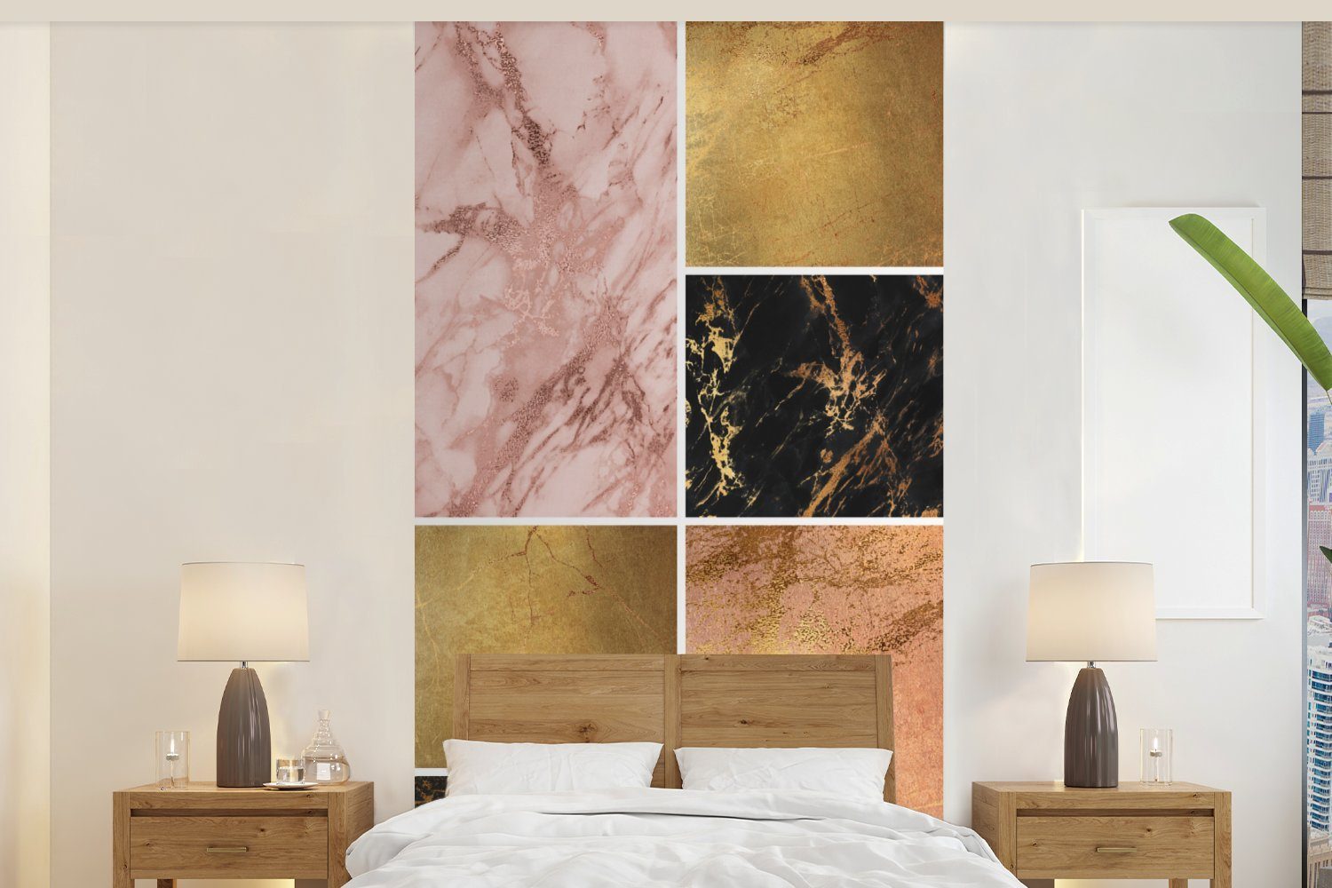 MuchoWow Fototapete Marmor - Rosa - Gold, Matt, bedruckt, (2 St), Vliestapete für Wohnzimmer Schlafzimmer Küche, Fototapete