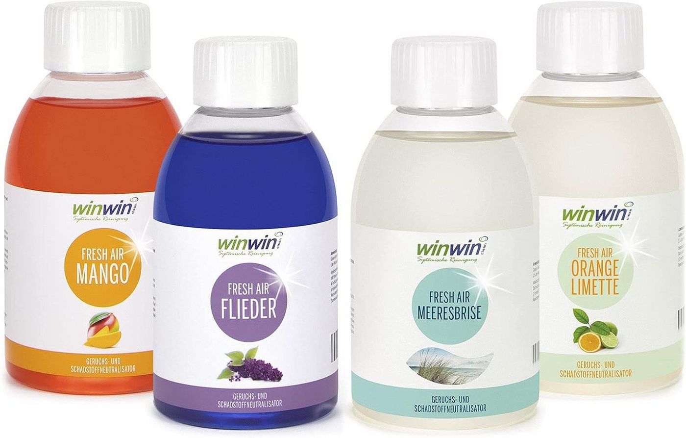 winwinCLEAN Raumduft fresh AIR SET 4x 250ml: Raumluft-Deo, Luftreinigungs-Konzentrat (Spar Set, 4-St., fresh AIR 250ml I Mango I Flieder I Meeresbrise I Orange-Limette), Geruchsentferner,Geruchsneutralisierer,Reinigungsmittel,Air Purifier