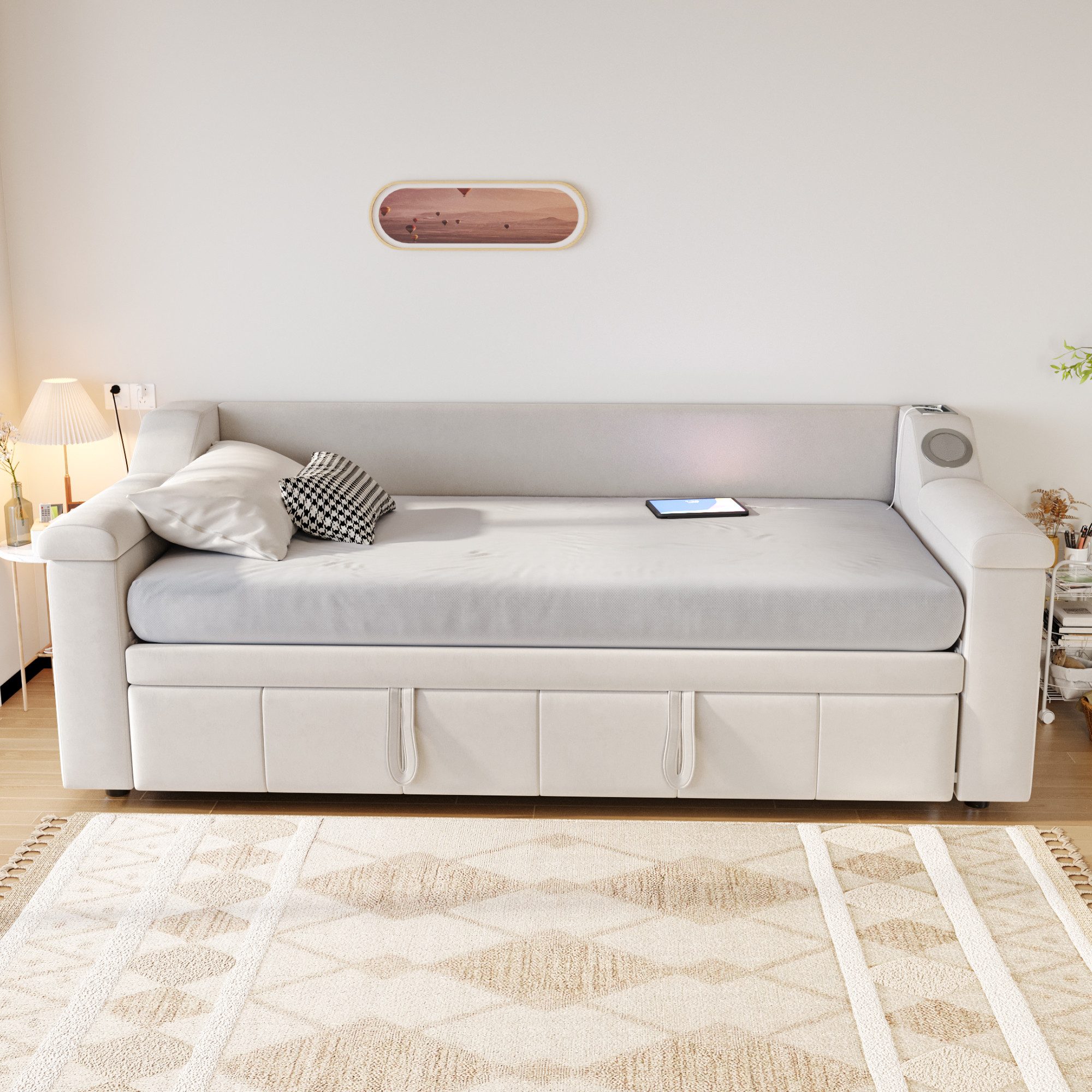 Flieks Daybett, Polsterbett Tagesbett 90/180x190cm mit Bluetooth USB Ausziehbett