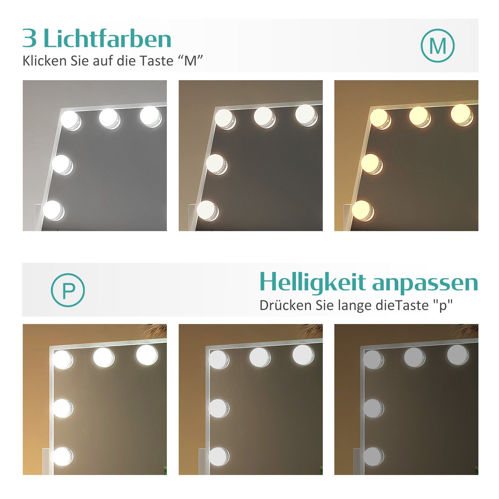 Spiegel 3 mit 360° Beleuchtung, Weiß LED-Leuchtmitteln Dimmbaren EMKE Schminkspiegel 7x Kosmetikspiegel Hollywood Lichtfarben Drehbar Vergrößerung