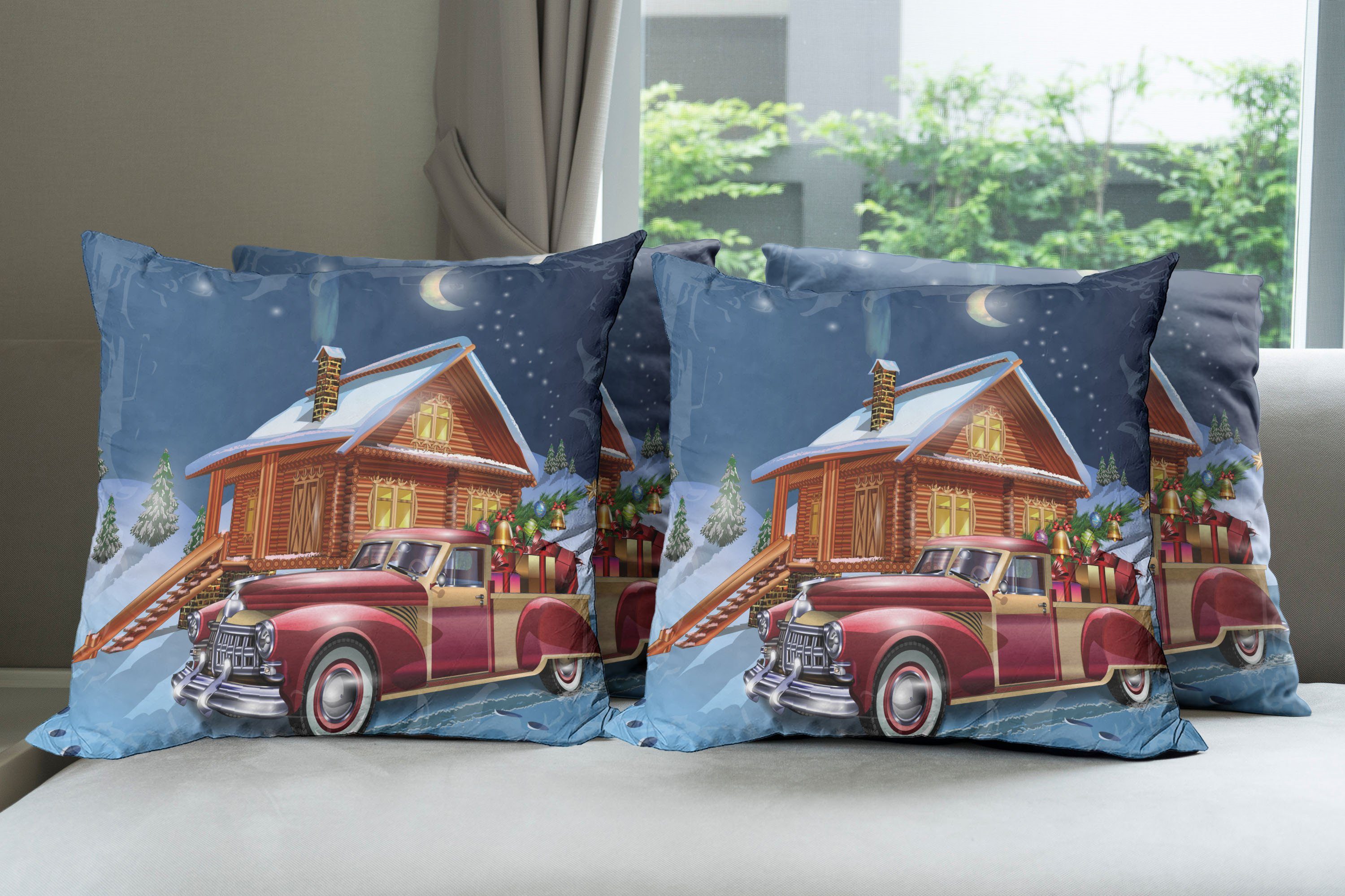 Holz Lodge (4 Modern Accent Kissenbezüge Stück), Digitaldruck, Weihnachten Truck Doppelseitiger Abakuhaus