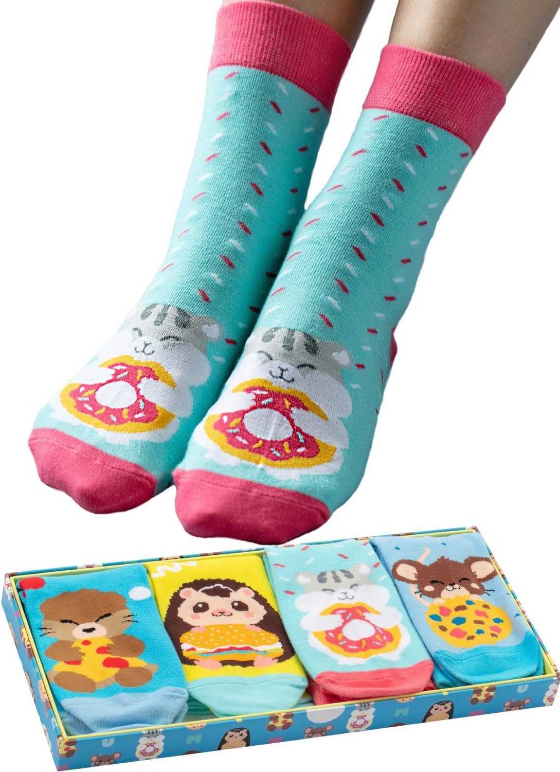 Corimori Haussocken Witzige Lustige Bunte Anime Baumwolle Socken 4er Set Tiere Geschenk-Ve (Packung, 4-Paar) bunte Kawaii Strümpfe in plastikfreier Geschenk-Verpackung