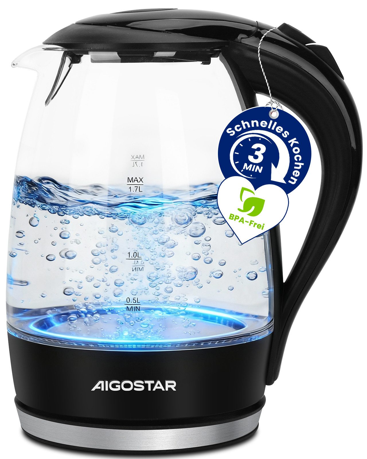 Aigostar Wasserkocher Glas mit Kalkfilter, Glaswasserkocher LED-Beleuchtung, 100% BPA Frei, 1.7 l, 2200,00 W, 360° Edelstahl Sockel, Trockenaufschutz