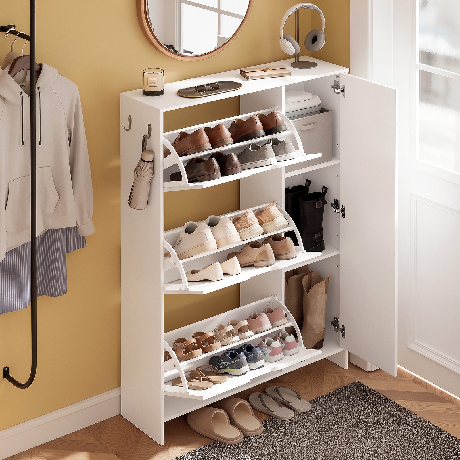 SoBuy Schuhschrank FSR220, Schuhkipper Schmal 24cm, Klappschrank 12 Paar Schuhe Schuhschrank schmal mit 2 Haken, 3 Klappen und 1 Tür für Flur