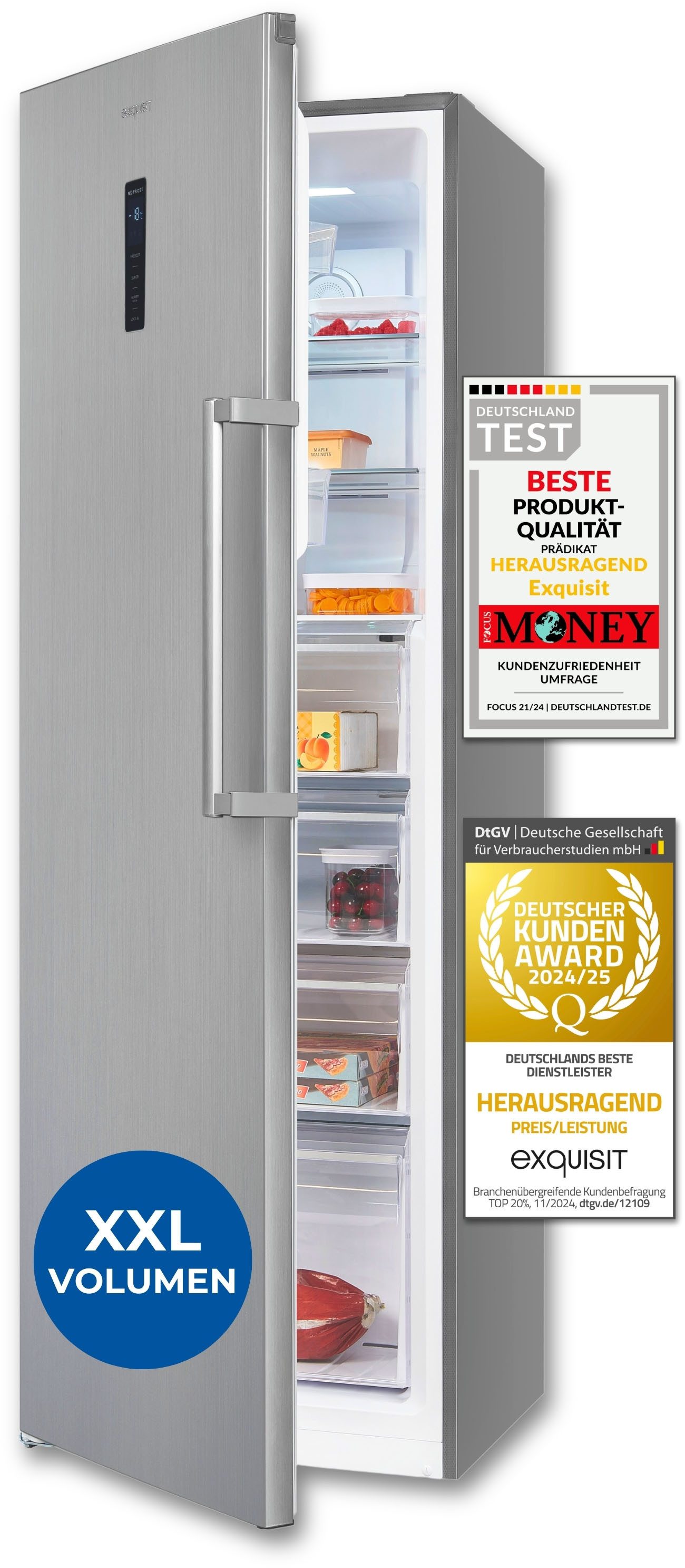 exquisit Gefrierschrank GS295-NF-H-040D, 185 cm hoch, 60 cm breit, 4*-Gefrierschrank NoFrost mit LED-Anzeige&Ice-Maker für schnelles Eis