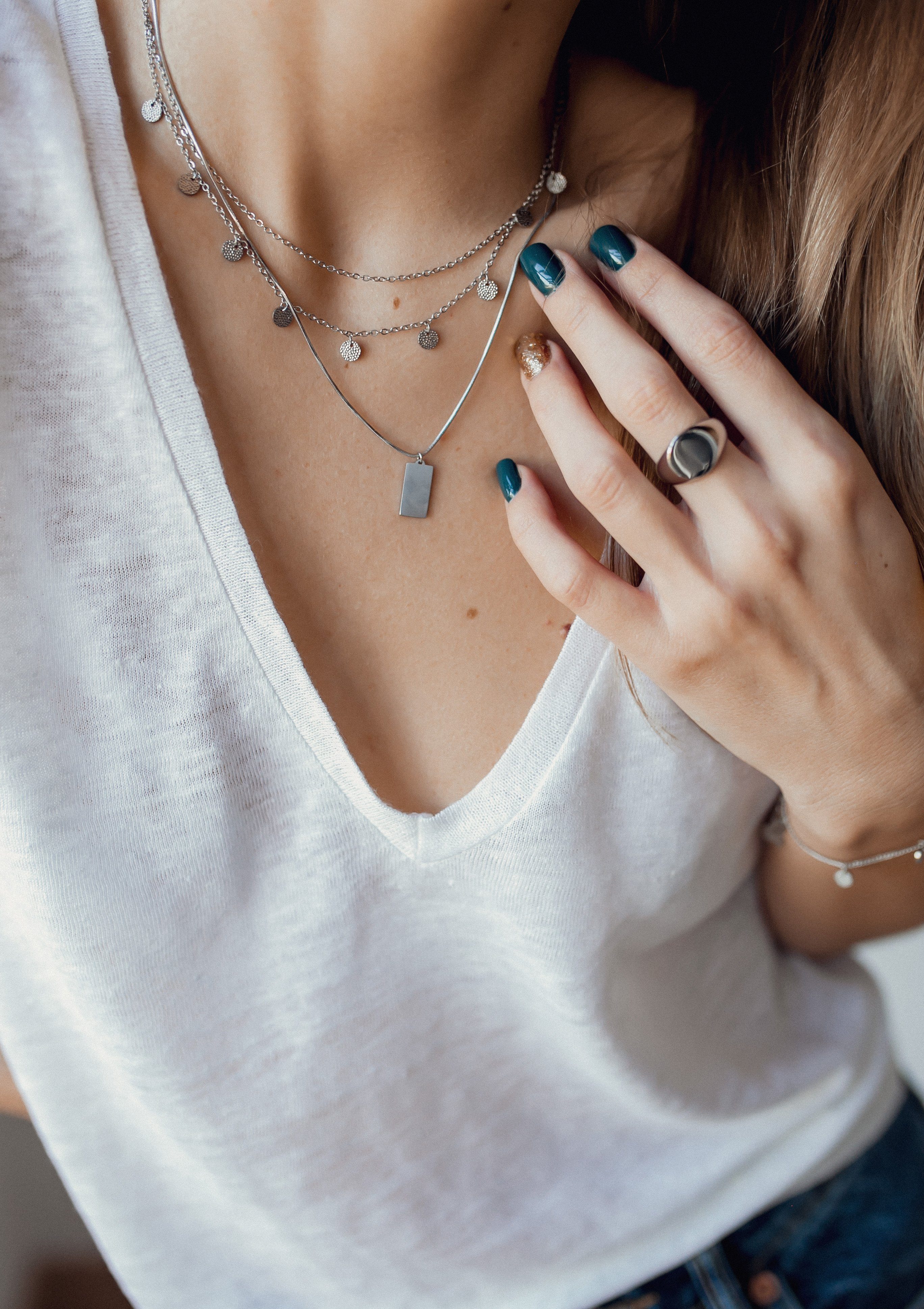 Hey Happiness Charm-Ketten-Set 2er Damen Layer mehrreihig, 18K Roségold Vergoldet, Kette Plättchen hängend, Halskette Schlange, Damenset wasserfest – Bild 3 von 5