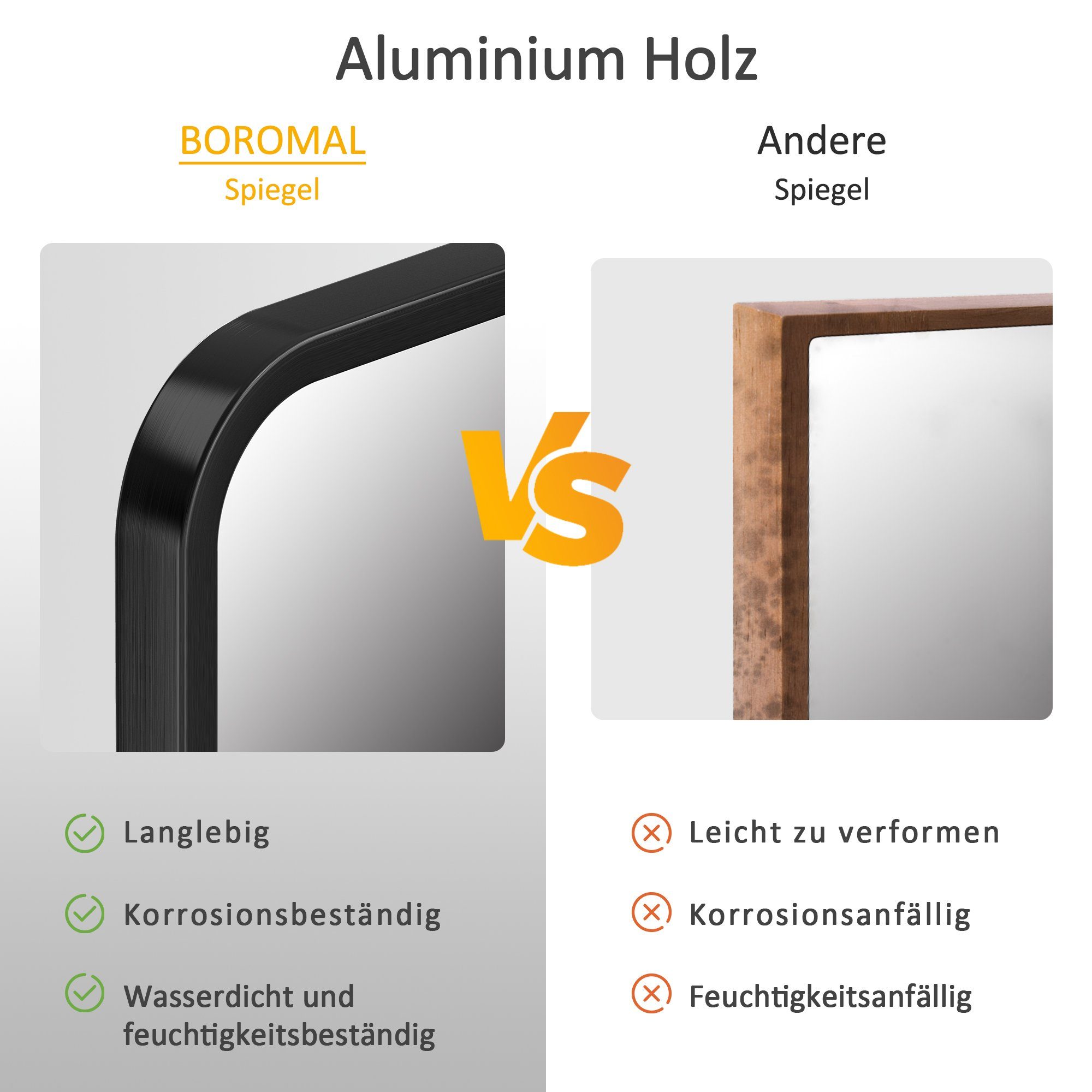 Boromal Spiegel groß Rechteckig 100x60 Schwarz Wandspiegel Badspiegel Metall Rahmen (Flurspiegel, HD Spiegel, explosionsgeschützt), hängend,Wand gelehnt,vertikal,horizontal