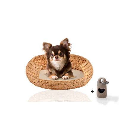 Rohrschneider Hundekorb runder Hundekorb aus geflochtener Wasserhyazinthe, Hundebett, herausnehmbares Kissen, gemütliches Sofa für kleine und große Hunde