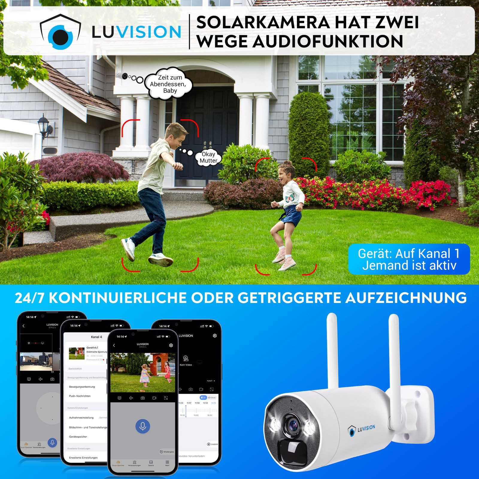 LUVISION Überwachungskamera (Außen- und Innenbereich, 8-tlg., WLAN Solar Akku Überwachungssystem 4MP 8 x Überwachungskamera Mikrofon, Cloud, 2-Wege Audio, 10 Kanal NVR, Solarpanel, Batterie, Smartlicht)