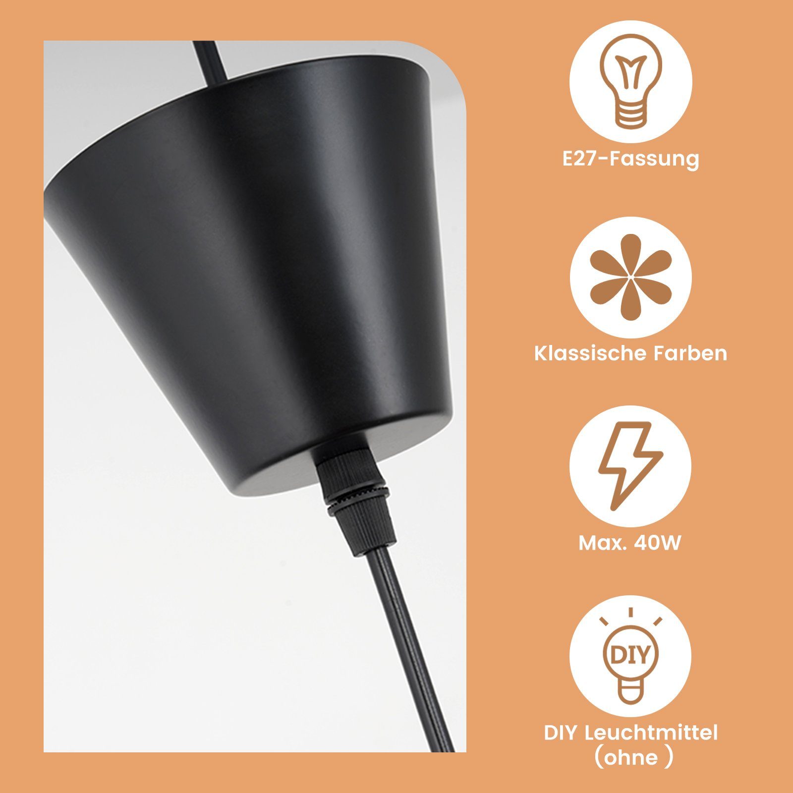 ZMH LED Pendelleuchte Modern - Schwarz E27 für Esszimmer 60/80/100/120/140cm, ohne Leuchtmittel, Max 40W E27 – Bild 4 von 5
