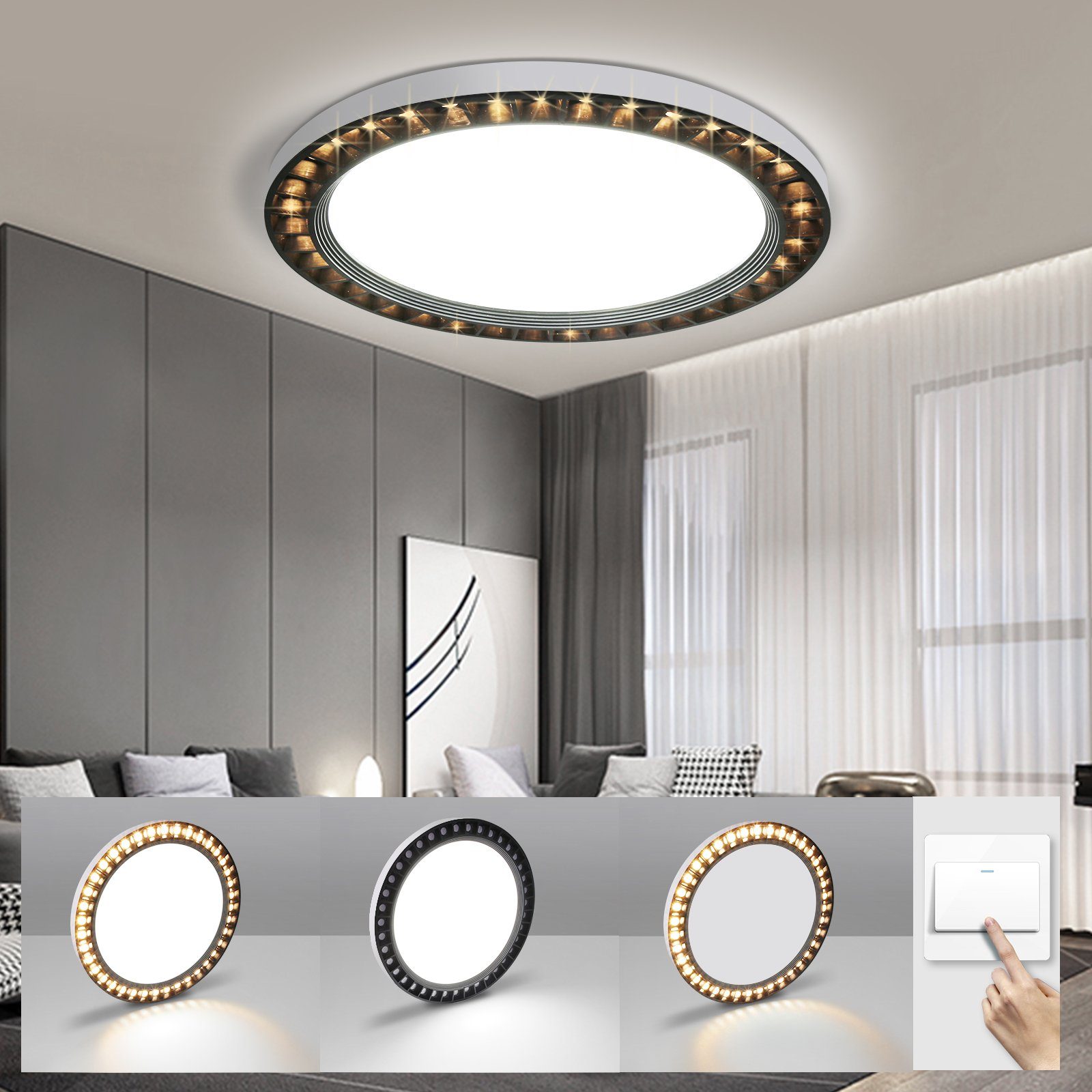 ZMH LED Deckenleuchte Modern Dimmbar(Außenring) IP44 3000K/6500K Schlafzimmer, LED fest integriert, kaltweiß, warmweiß, Ultradünnes &Wasserdicht, Kein Flimmern, Energieeinsparung, 24W schwarz-24w