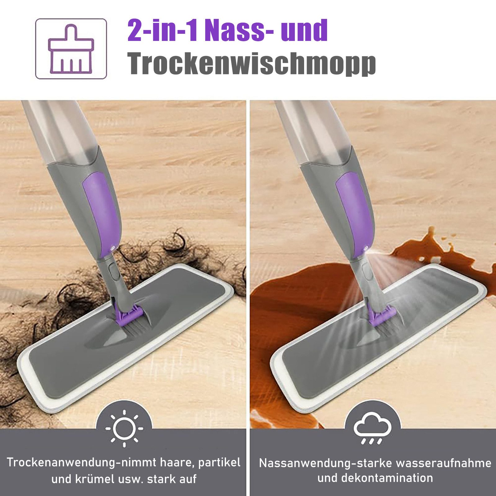 HUGERSTONE Sprühwischer Wischmopp mit 550ml Wassertank, Bodenwischer mit Sprühfunktion, Grau (360 Grad Rotierender Wischmopp für alle Böden) Nass und Trockenwischer mit 3 Waschbaren Mikrofaser Pads