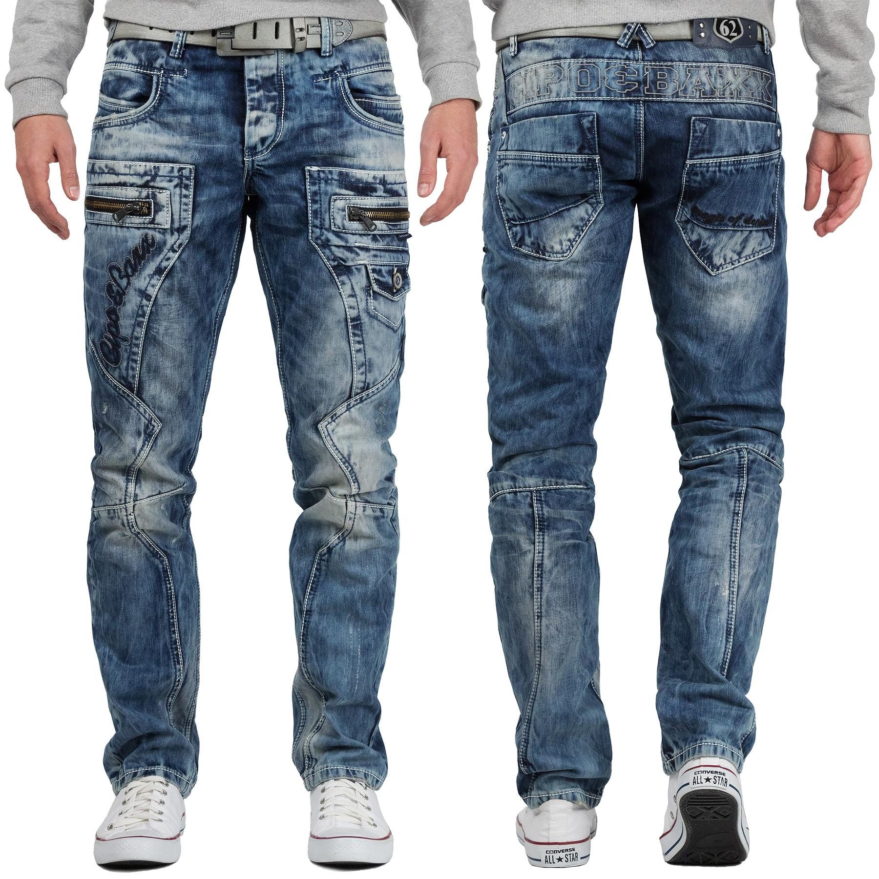Cipo & Baxx Regular-fit-Jeans Herren Regular Fit Hose Stonewashed BA-C1178 (1-tlg) mit Verzierungen und Reißverschlüssen