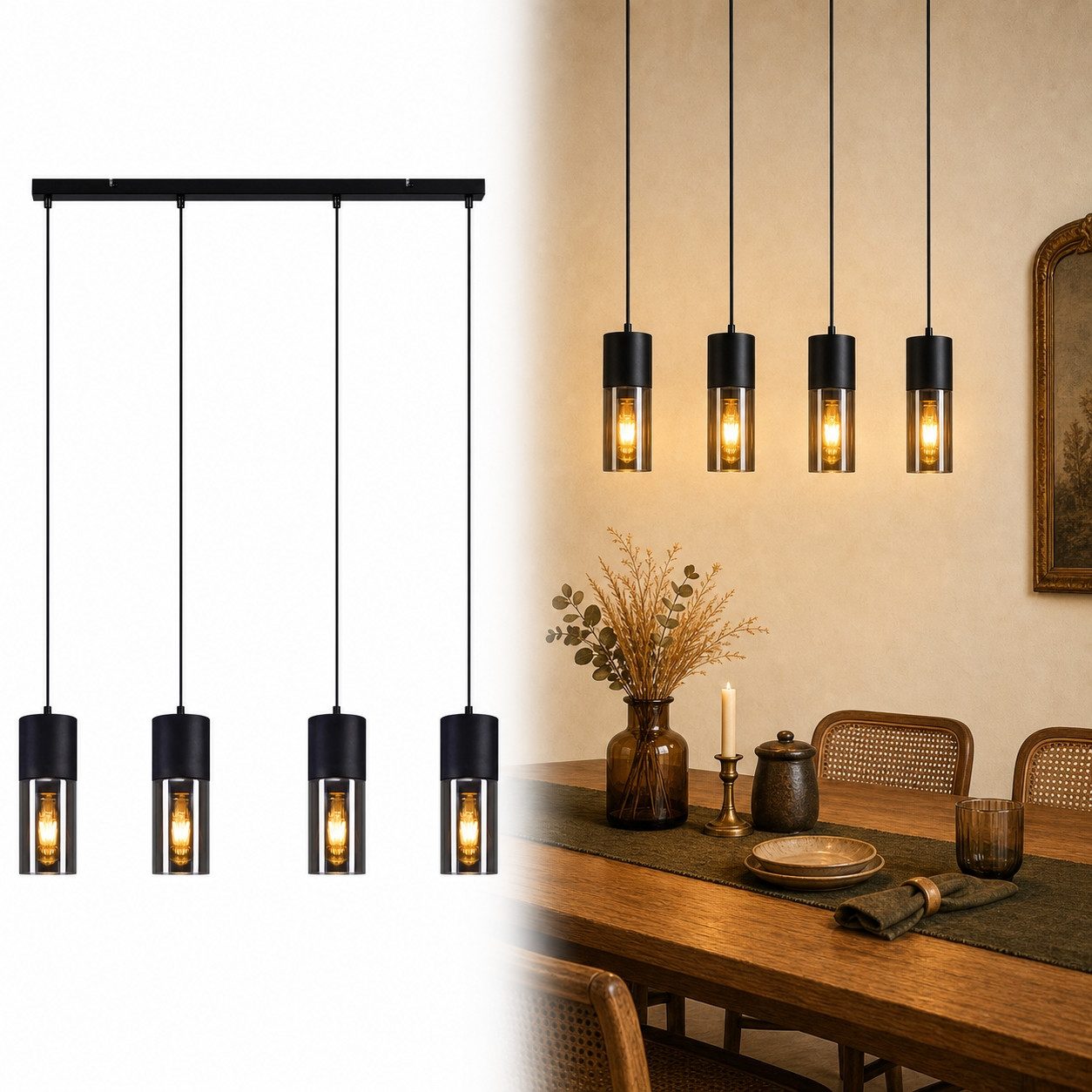 Nettlife Pendelleuchte Schwarz Esstisch E27 1/3/4 Flammig Glasschirm Hängeleuchte, LED wechselbar, Esstisch Wohnzimmer Schlafzimmer