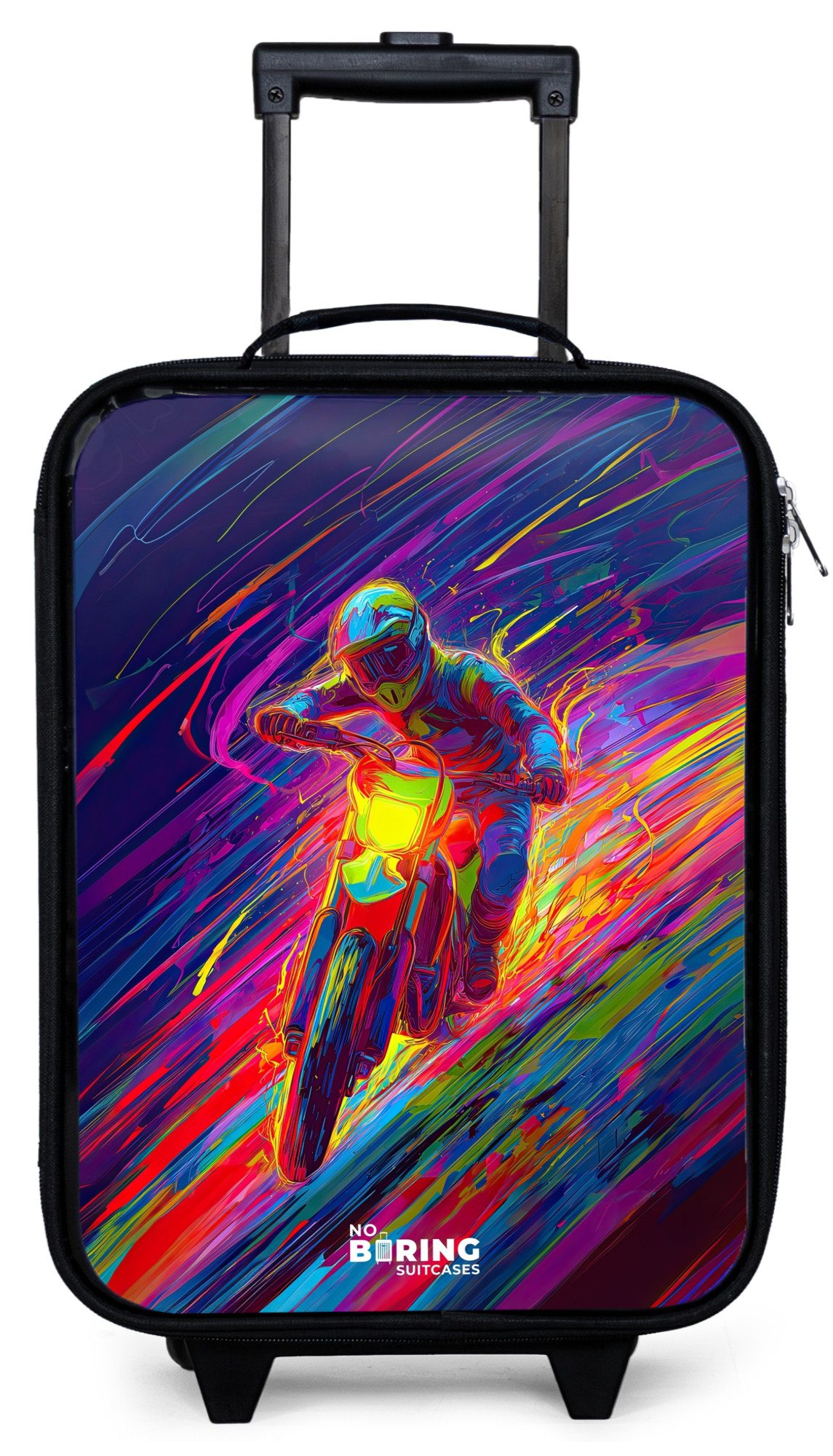 NoBoringSuitcases.com© Kinderkoffer mit leuchtende Räder - Crossrad - Neonfarben - Linien - Helm, 2 Rollen, Kinder Koffer Klein, Trolley Handgepäck, Reisekoffer