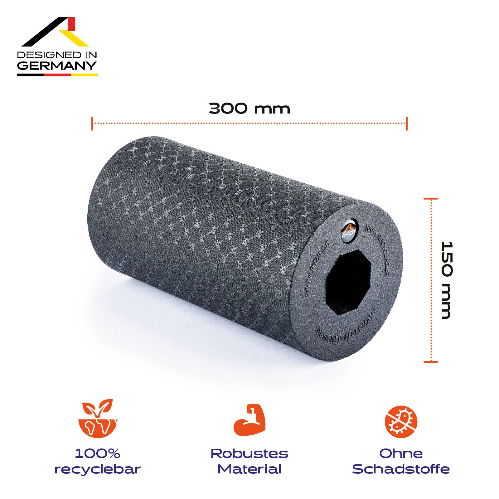 RYZR Faszienrolle RYZR Roll - 30x15 cm, zur Linderung von Muskelverspannungen, in drei Härtestufen erhältlich, hochwertiger EPP-Schaumstoff