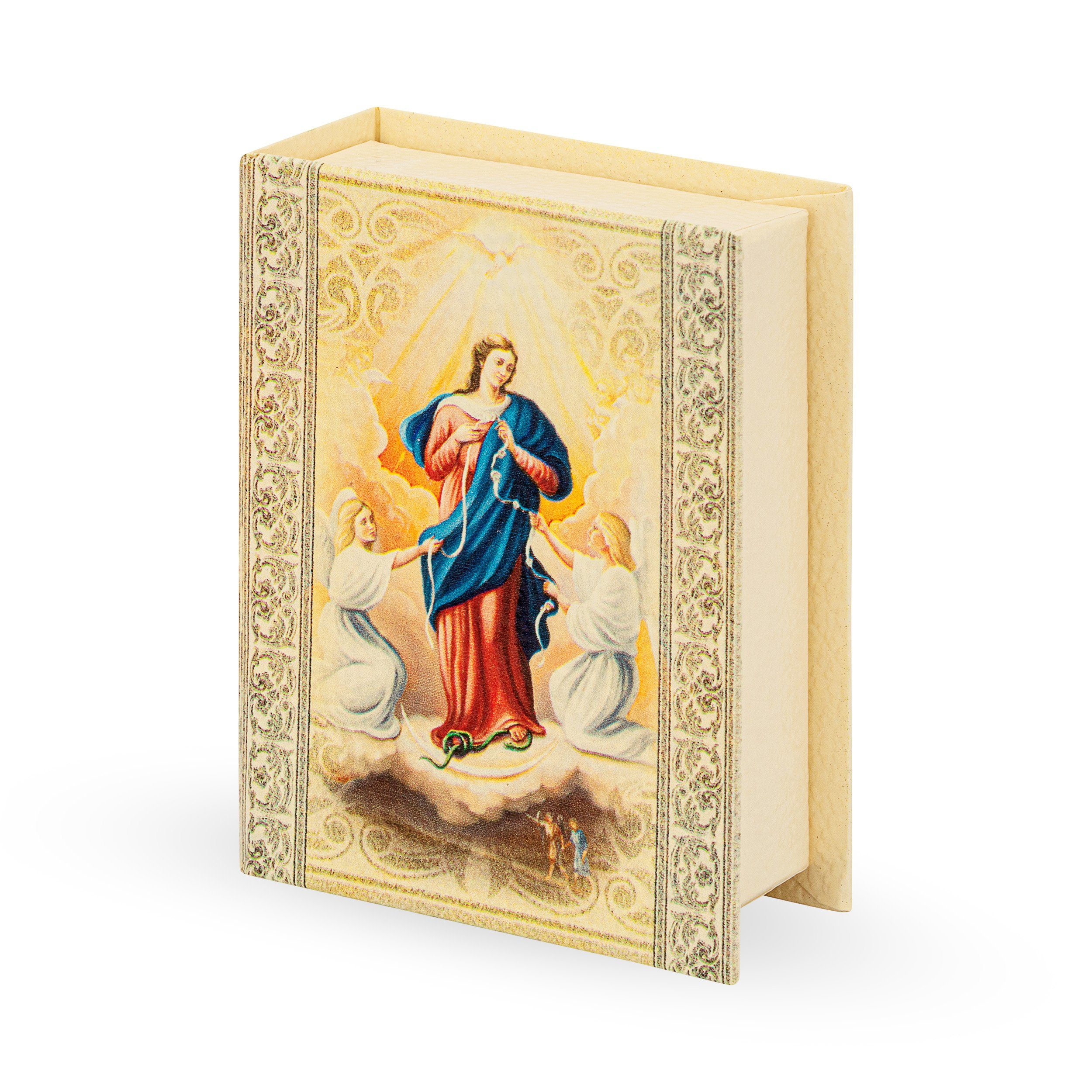 NKlaus Dekofigur Rosenkranzdose Buchform Etui 8x6x2,5cm motiv Madonna mit Engel Christl, Made in Germany