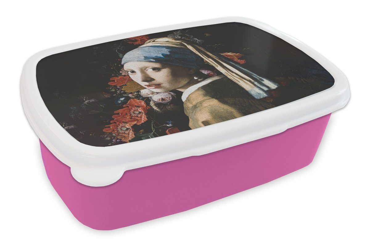 Perlenohrring Das Mädchen für Vermeer mit Snackbox, - Kinder, Brotdose MuchoWow Erwachsene, Lunchbox Blumen, Kunststoff, - Brotbox Mädchen, (2-tlg), Kunststoff rosa dem