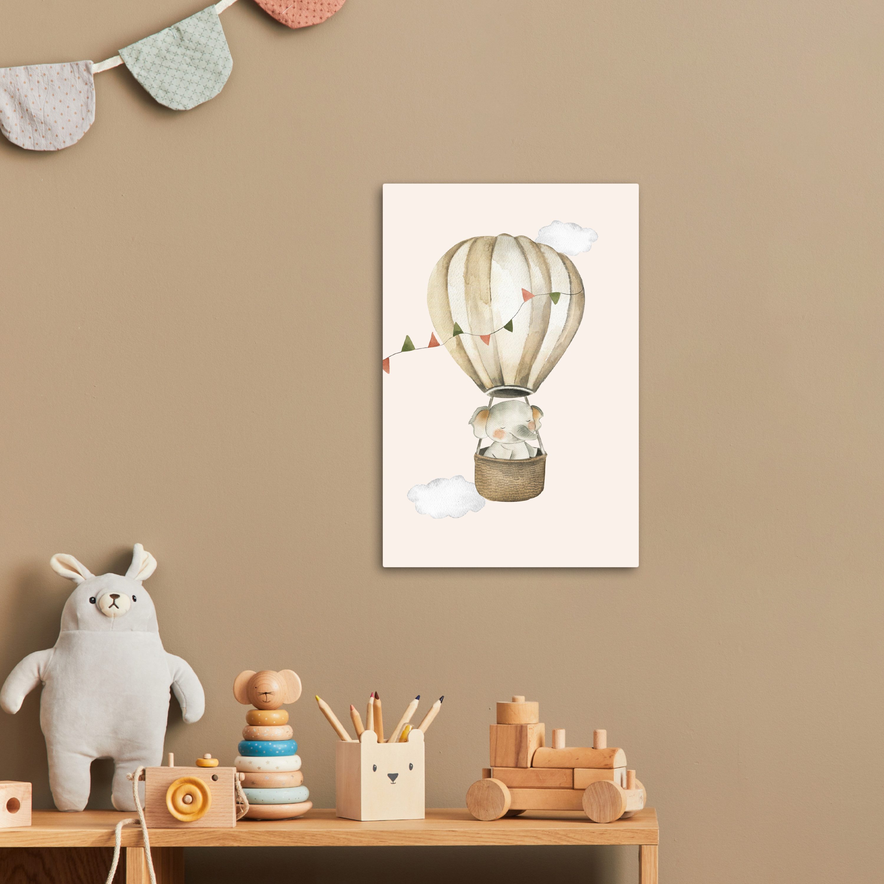 OneMillionCanvasses® Leinwandbild Heißluftballon - Elefant - Aquarell - Beige - Tiere, Fotodruck (1 St), Kinderzimmer Deko, Mädchen und Jungen Bilder 20x30 cm – Bild 2 von 5