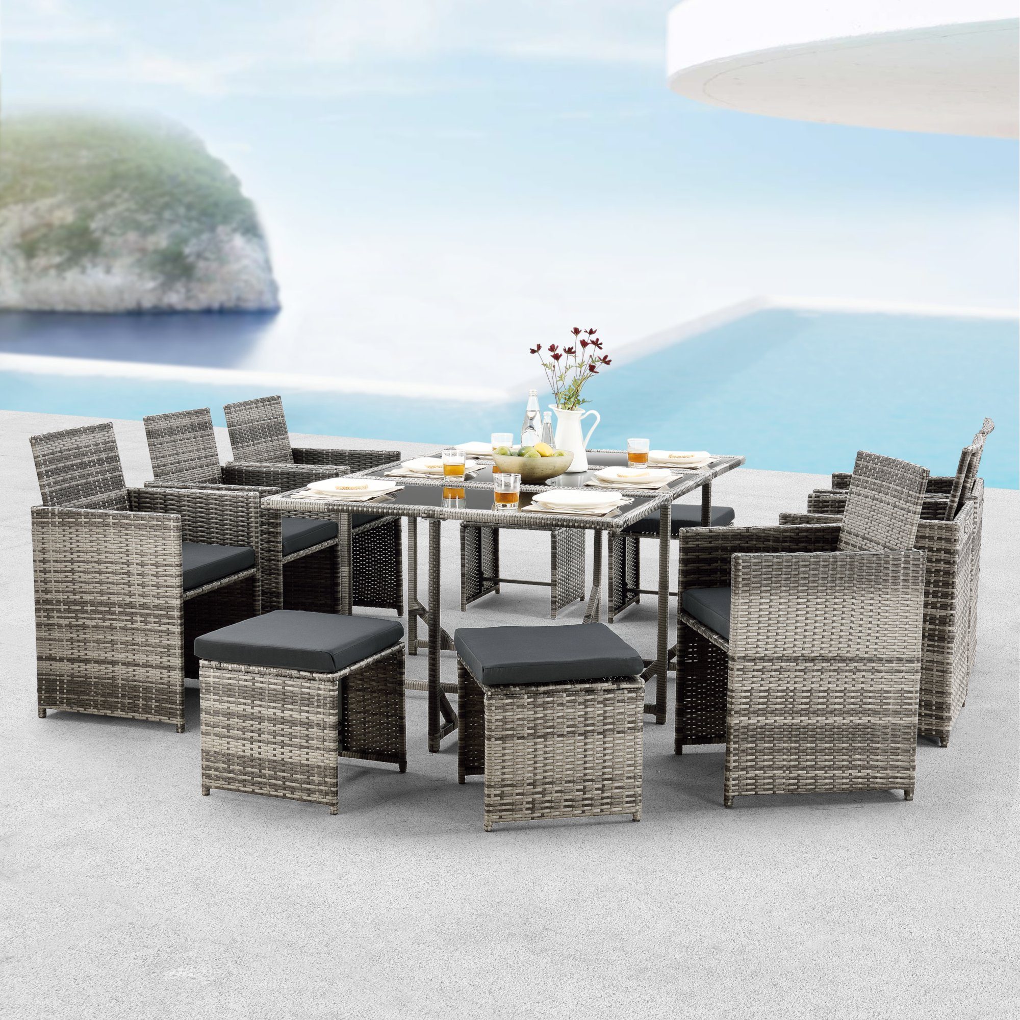 en.casa Gartenlounge-Set, (11-tlg), »Laredo« Sitzgruppe XL Gartentisch mit  Stühlen und Hocker Polyrattan Grau meliert