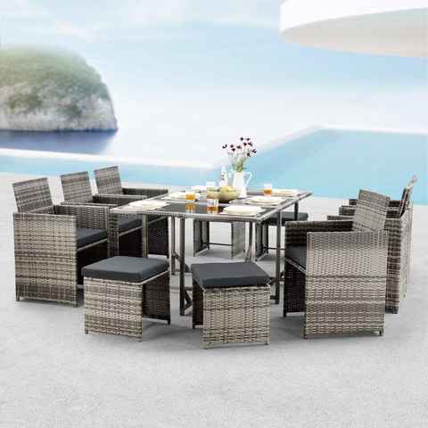 en.casa Gartenlounge-Set, (3-tlg., Esstisch mit 6 Stühlen und 4 Hockern), »Laredo« Sitzgruppe Tisch 6x Stuhl 4x Hocker Polyrattan Grau meliert
