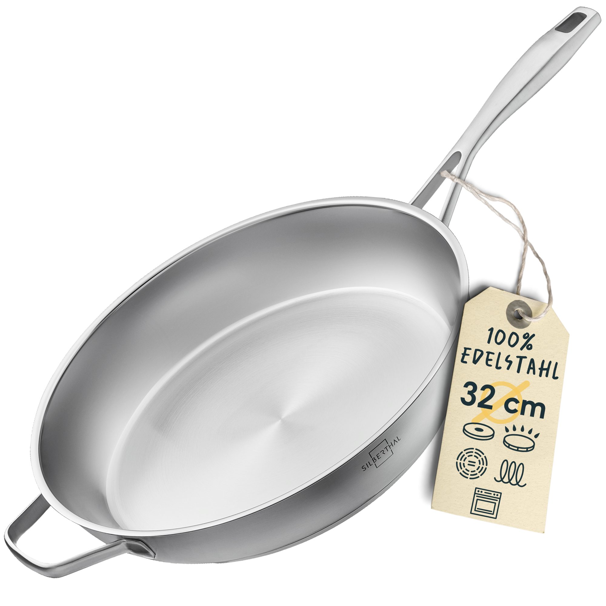 SILBERTHAL Bratpfanne Edelstahlpfanne 32cm Unbeschichtet Induktion, Edelstahl (Einzeln, 1-tlg), Doppelwandig-isoliert