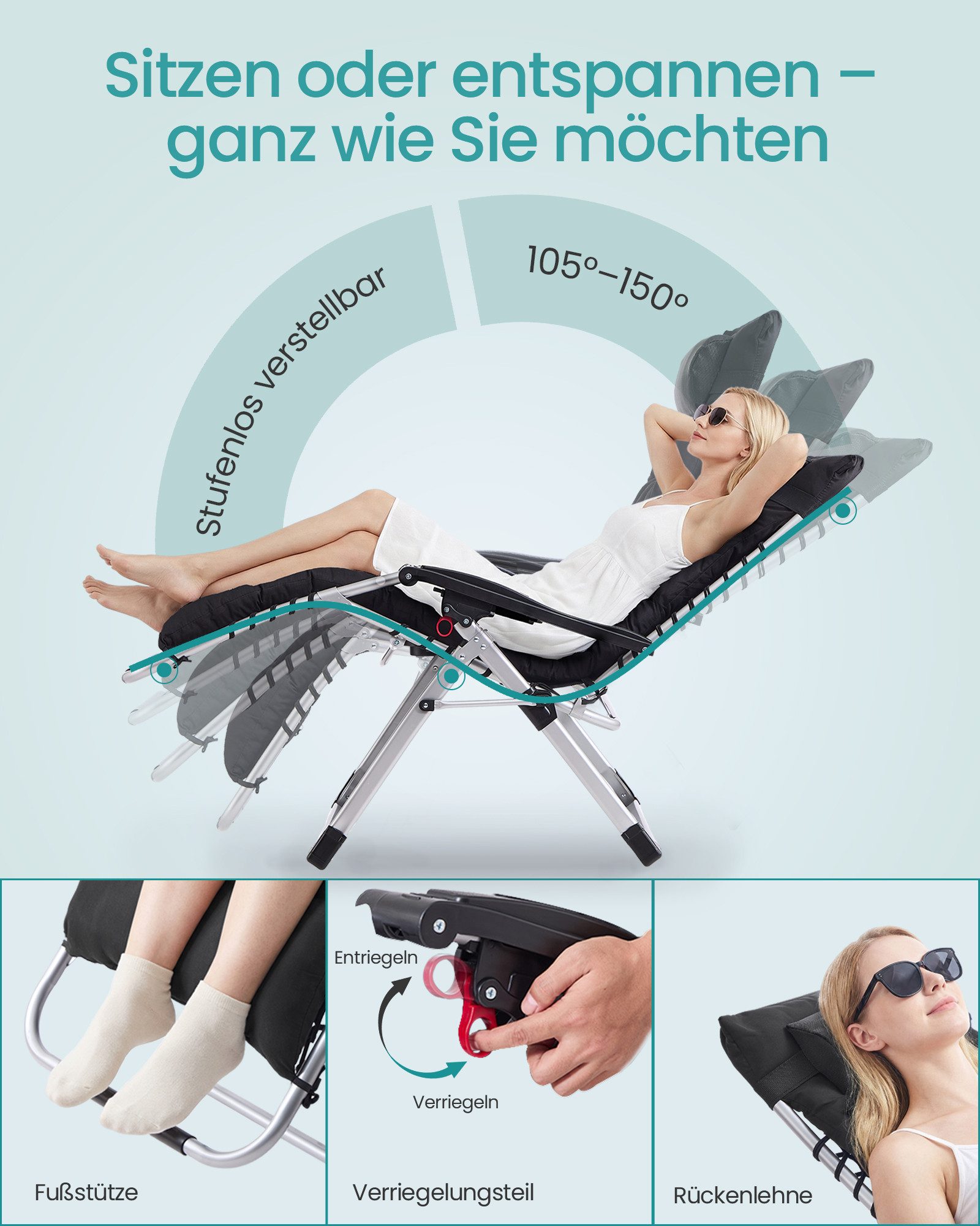 SONGMICS Gartenliege, Stufenlos einstellbare Relaxliege, mit abnehmbarem Kissen, Stahlrahmen