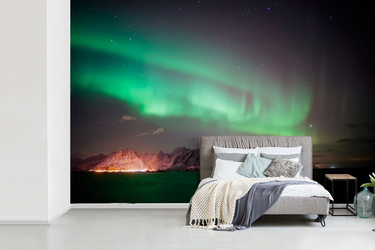 MuchoWow Fototapete Nordlichter - Grün Schlafzimmer, Wallpaper - bedruckt, St), Vinyl Insel Wohnzimmer, (6 für Kinderzimmer, - Tapete Matt, Norwegen
